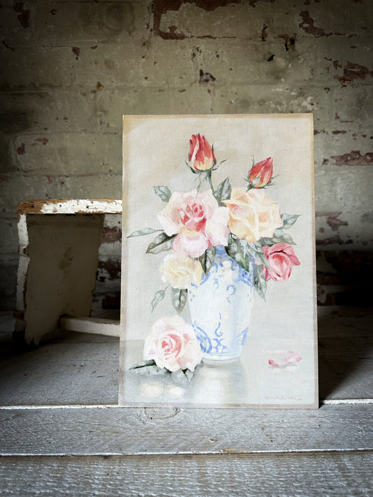 Oil on board delicate painting of roses
