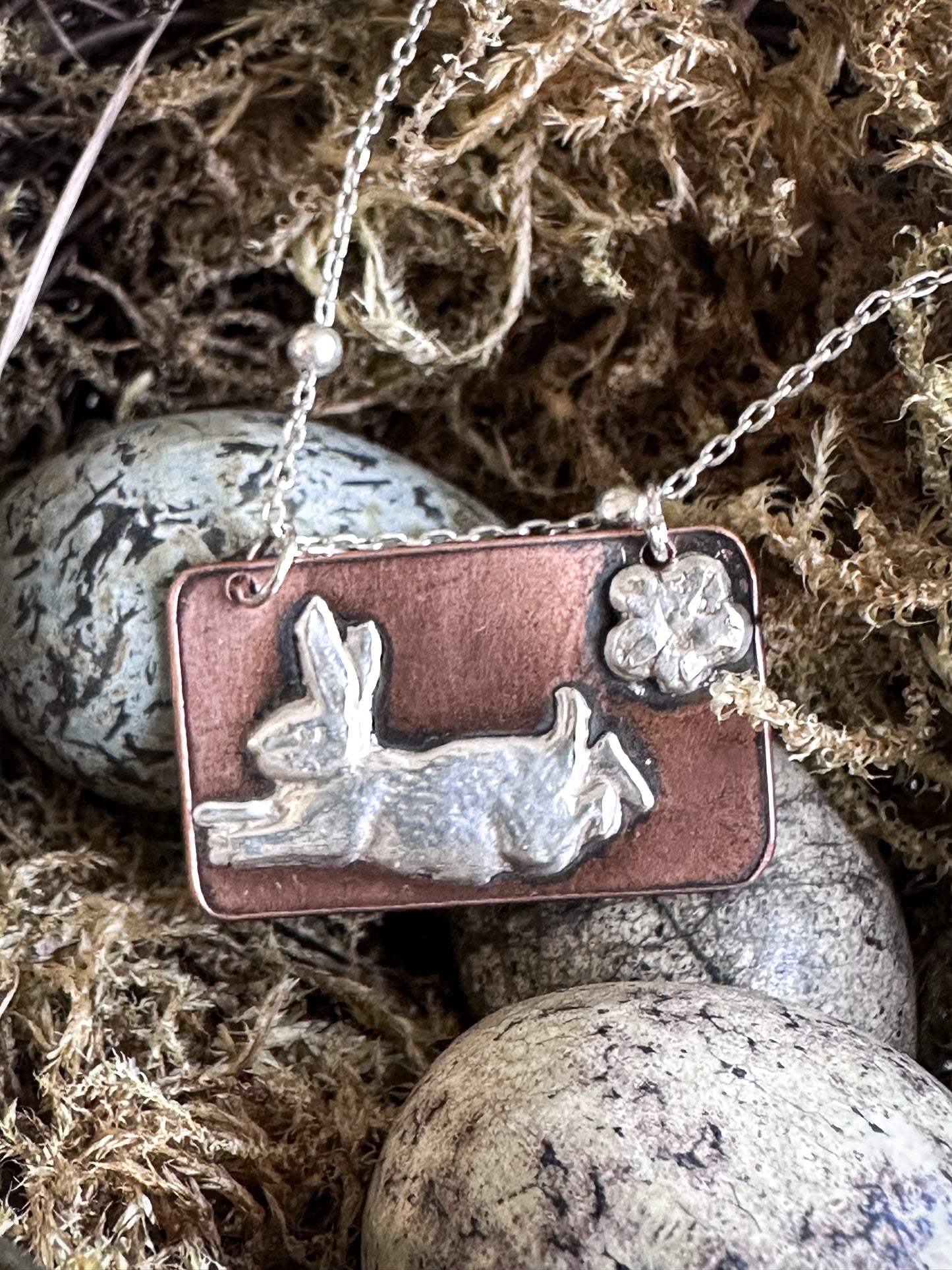 Meadow Rabbit Pendant – Silver & Etched Copper Necklace