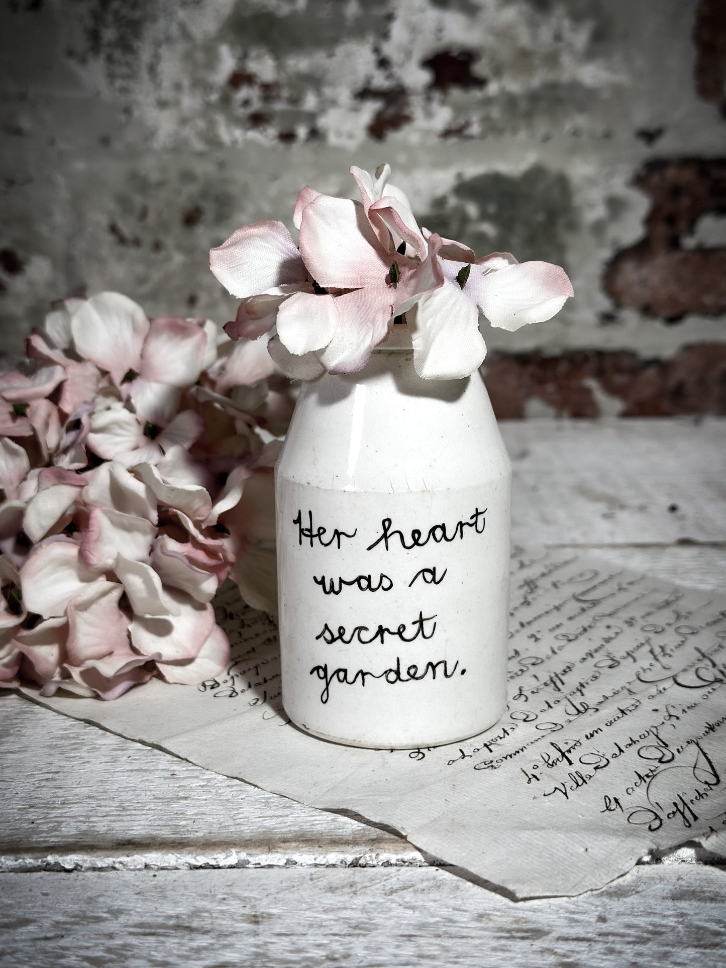 An Antique Creamery Vase Bottle with a Hand Painted Inspirational Quote