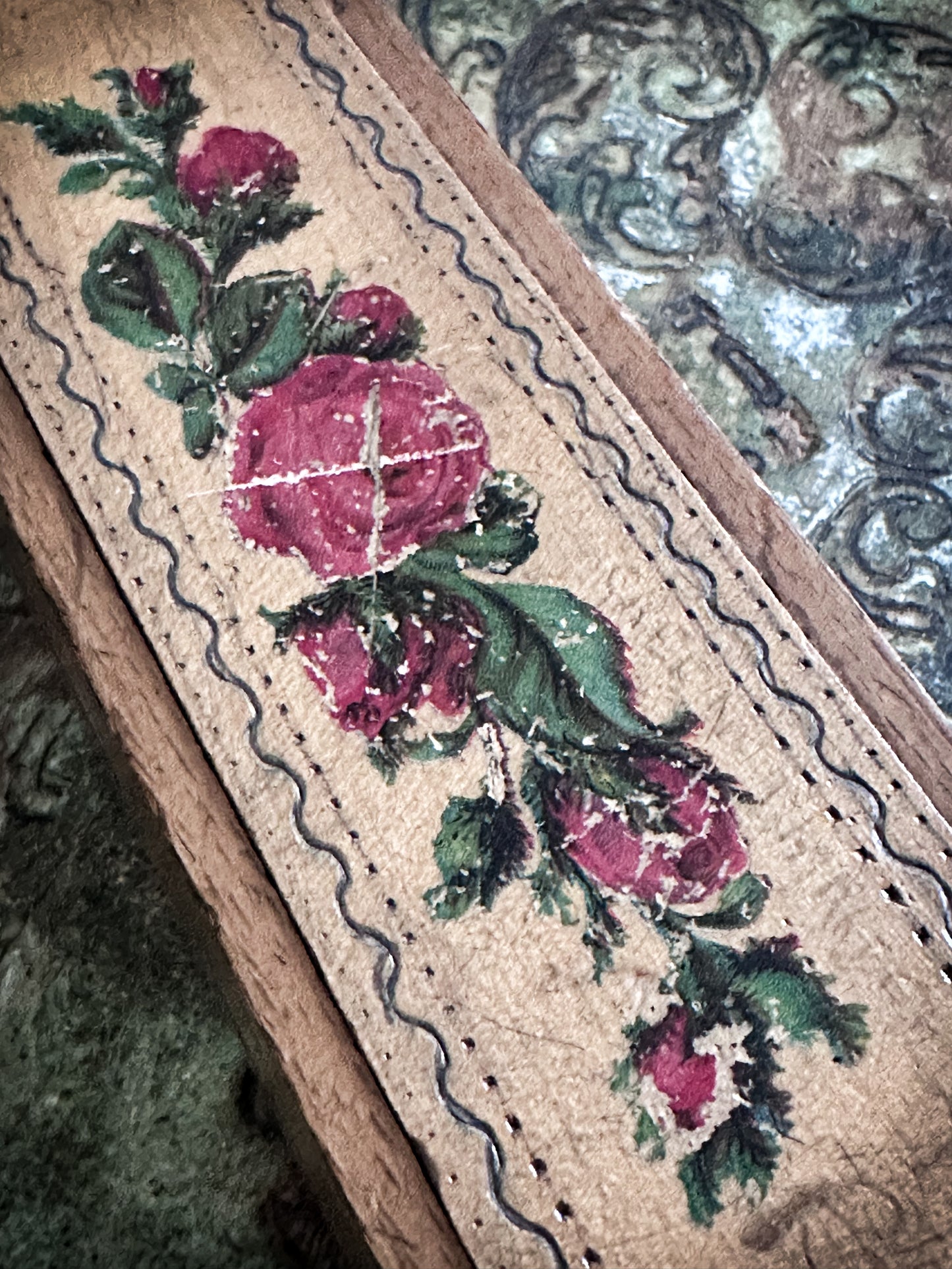 Vintage Wooden School Pencil Case with Roses