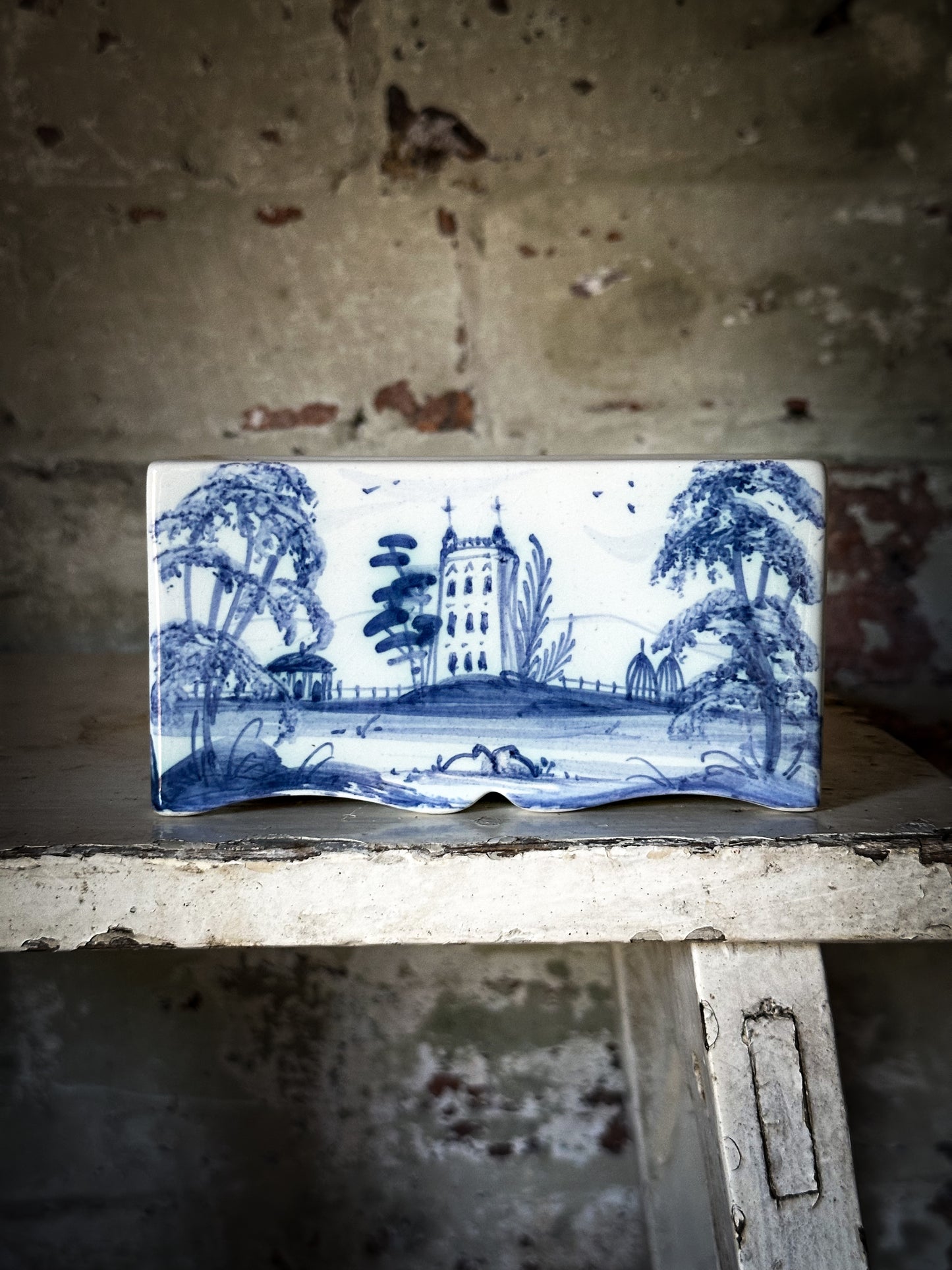 A beautiful Isis by Deborah seers Oxford, blue and white flower brick, tulipiere, flower frog, blue and white tin glaze vase