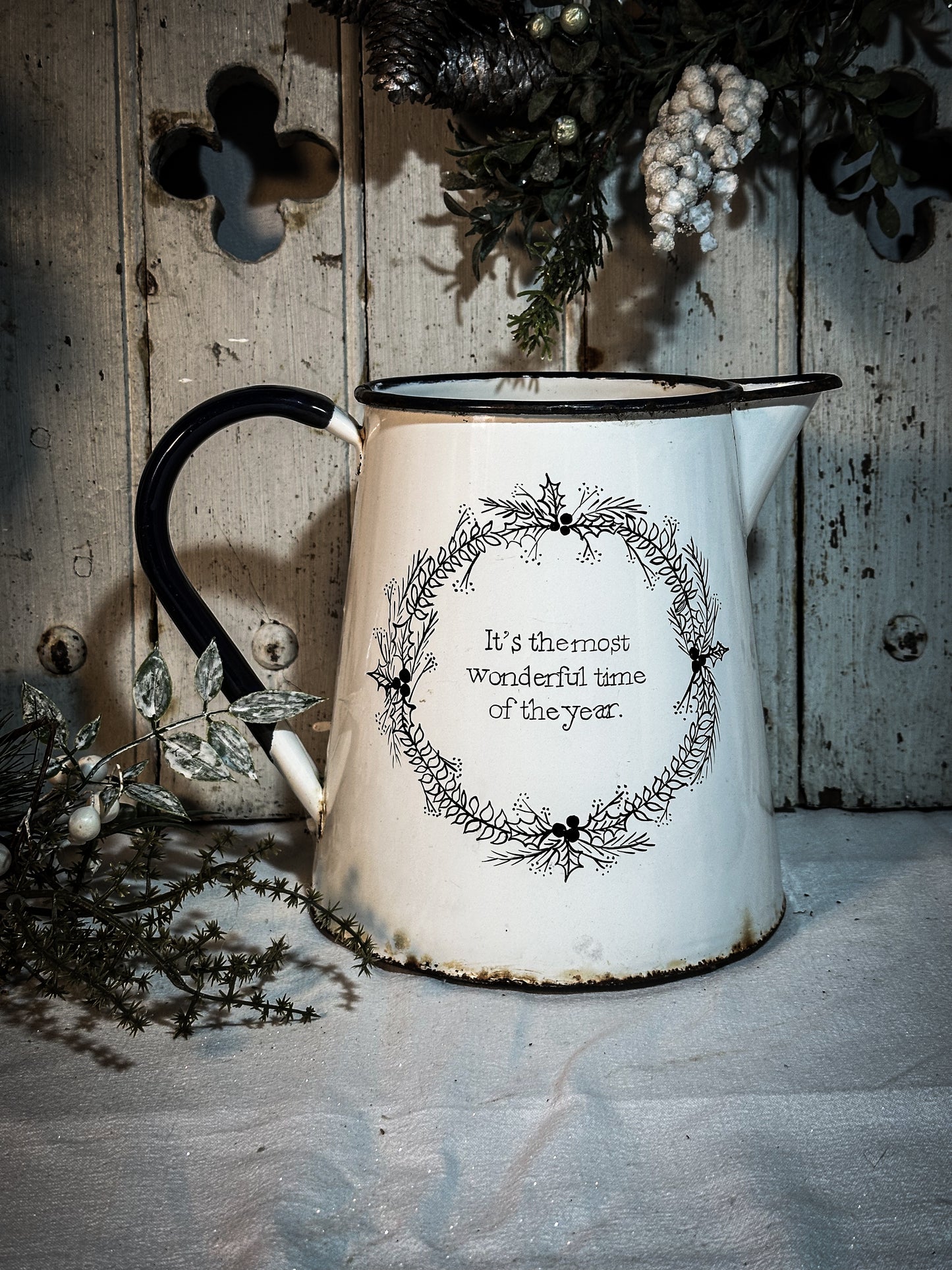 A hand painted quote on a beautiful Vintage white enamelware jug