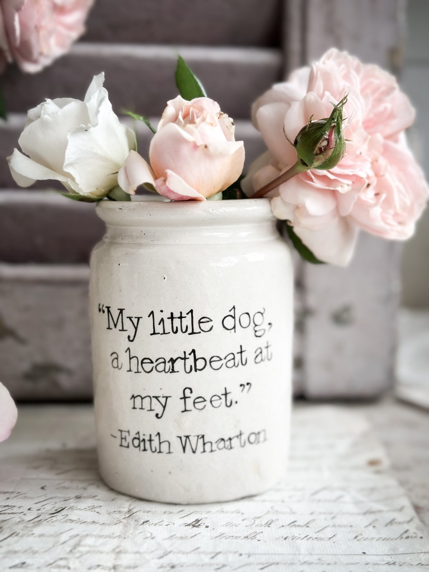 A Victorian unearthed  stoneware pottery Jar with a hand painted quote