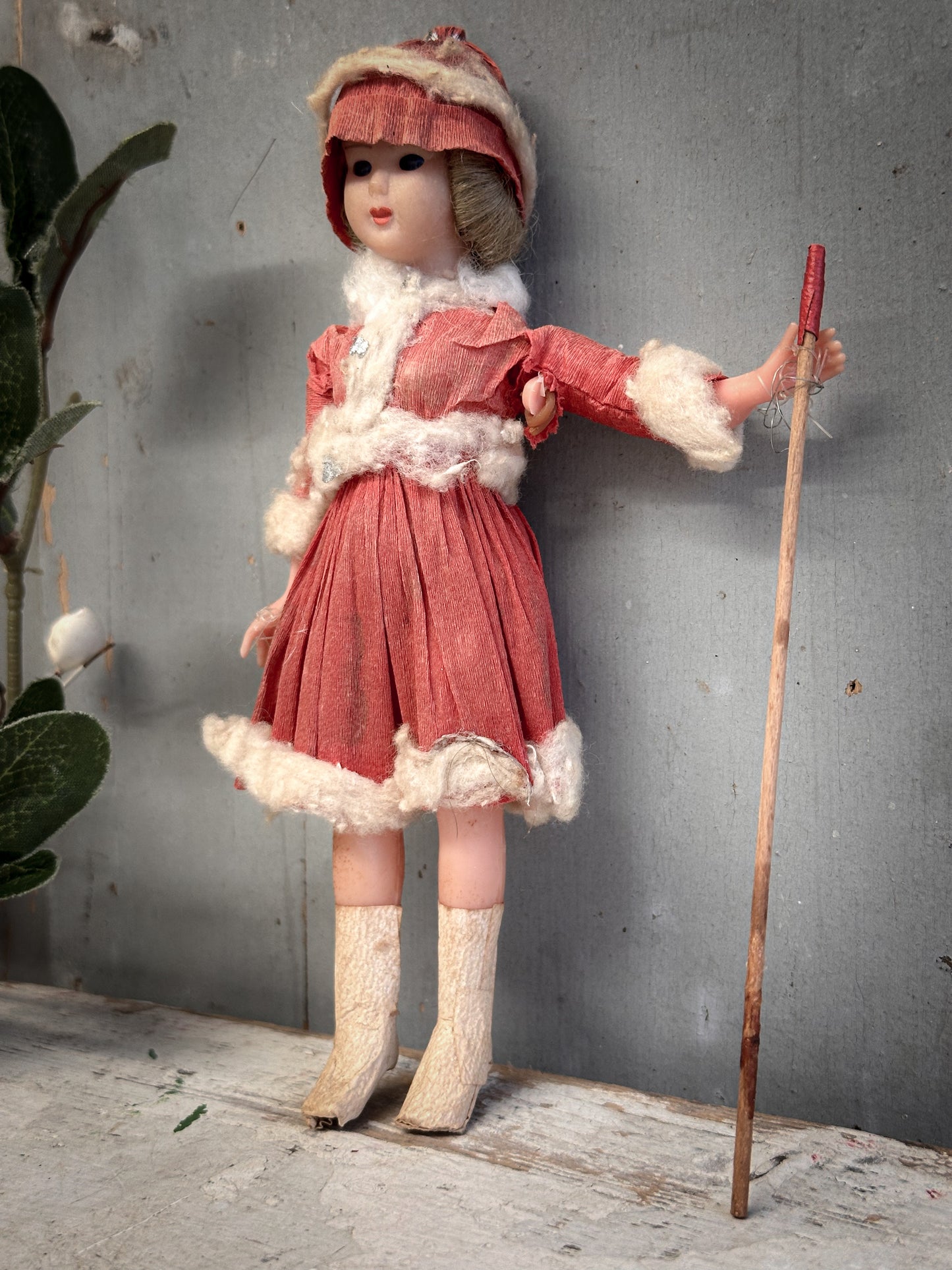 Mid-20th Century German Crepe-Paper Winter Girl Skier With oral provenance linking her to the Bletchley Museum collection