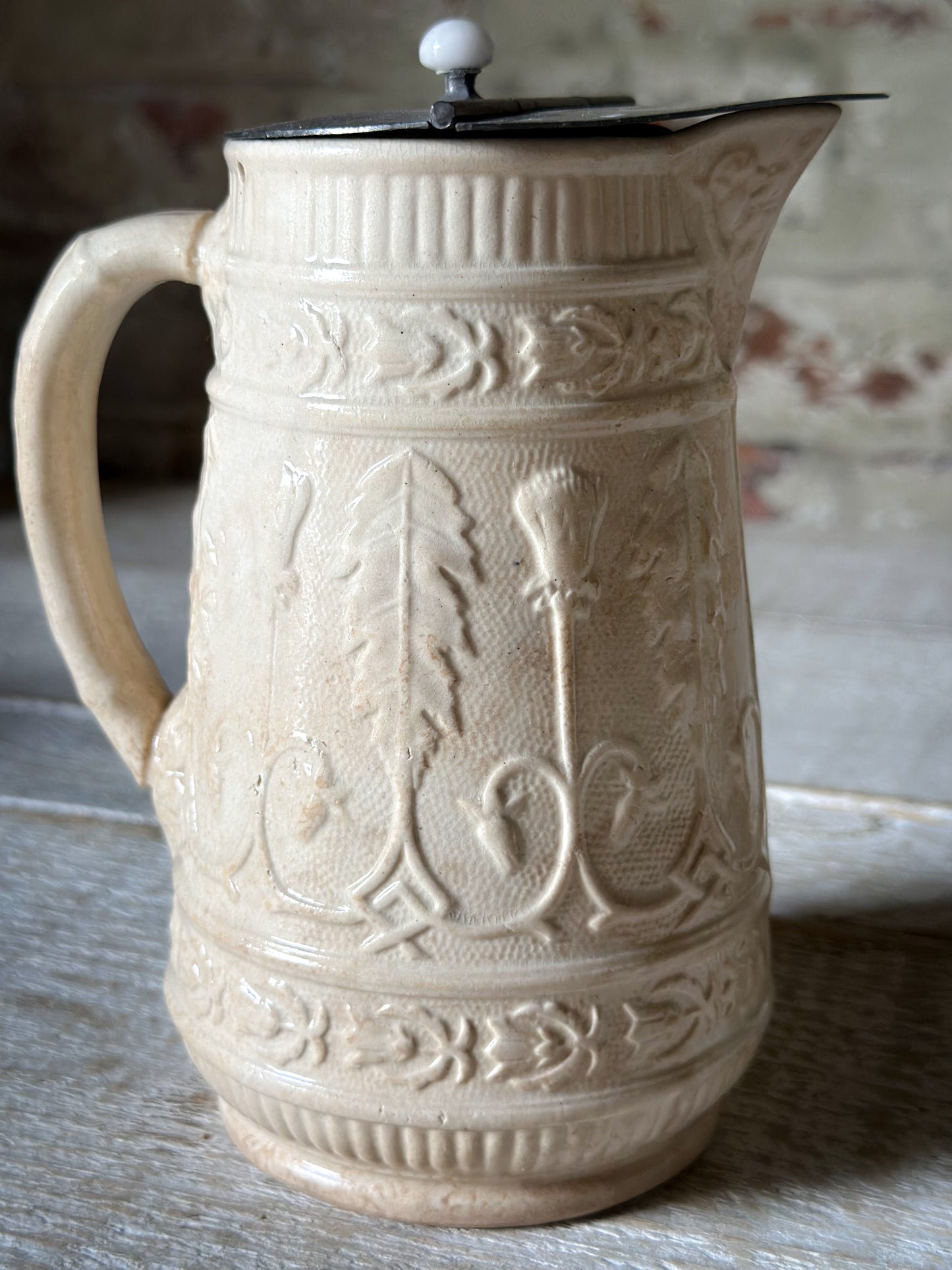 Antique Victorian Creamware Jug with Original Self-Closing Pewter Patent Lid