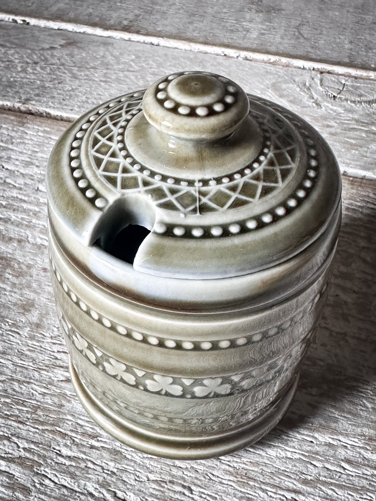 Vintage Irish Porcelain Honey Pot with Lid | Shamrock Stoneware Preserve Jar | Made in Ireland