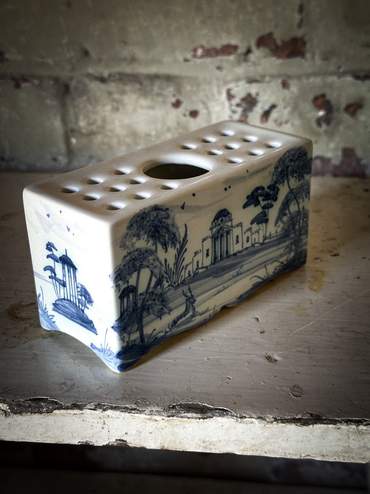 A beautiful Isis by Deborah seers Oxford, blue and white flower brick, tulipiere, flower frog, blue and white tin glaze vase
