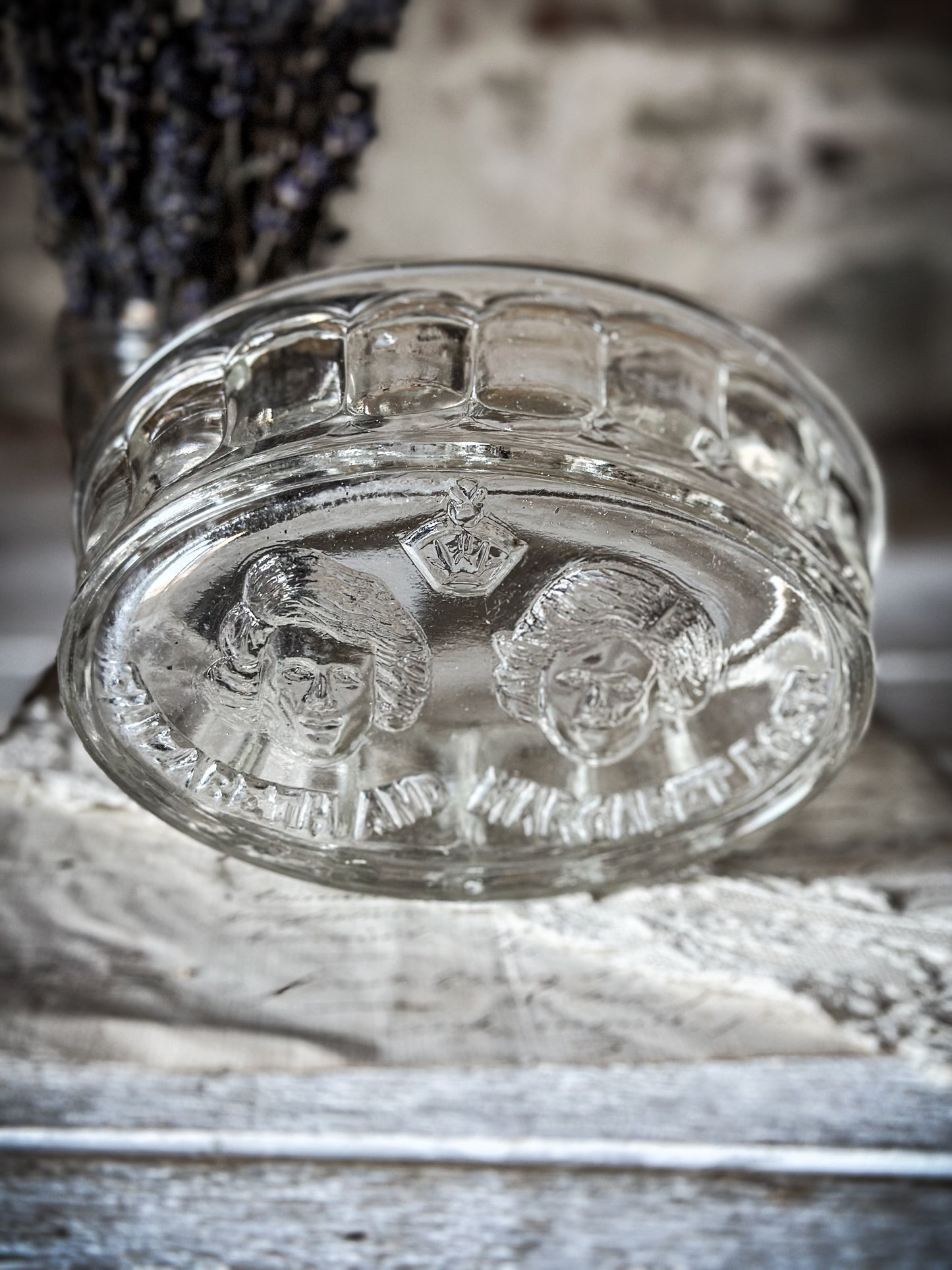Elizabeth and Margaret Rose Royal memorabilia glass jelly mould -The Queen Elizabeth II