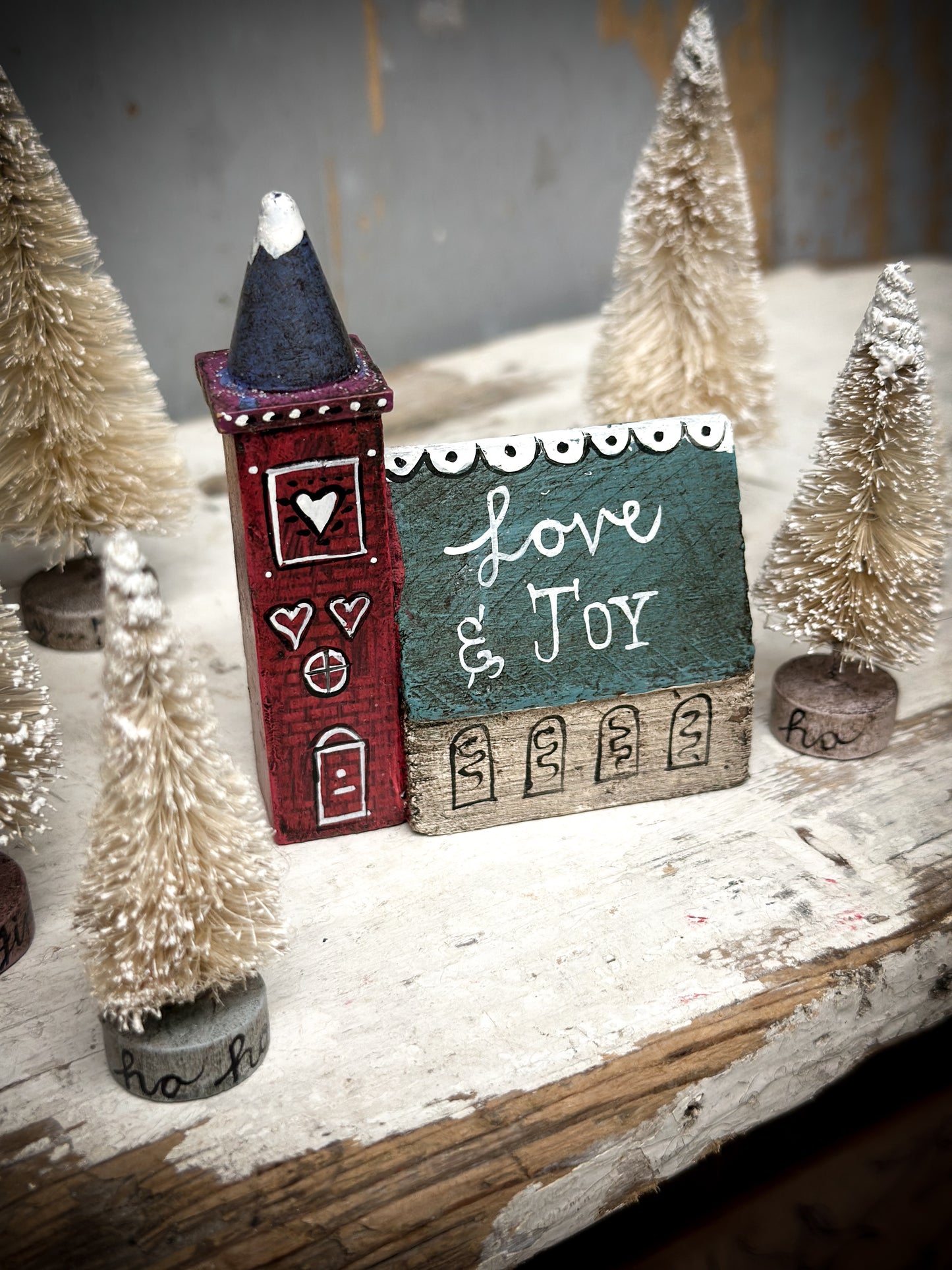 A Large Vintage German Erzgebirge Putz Wooden Village House “Love & Joy”