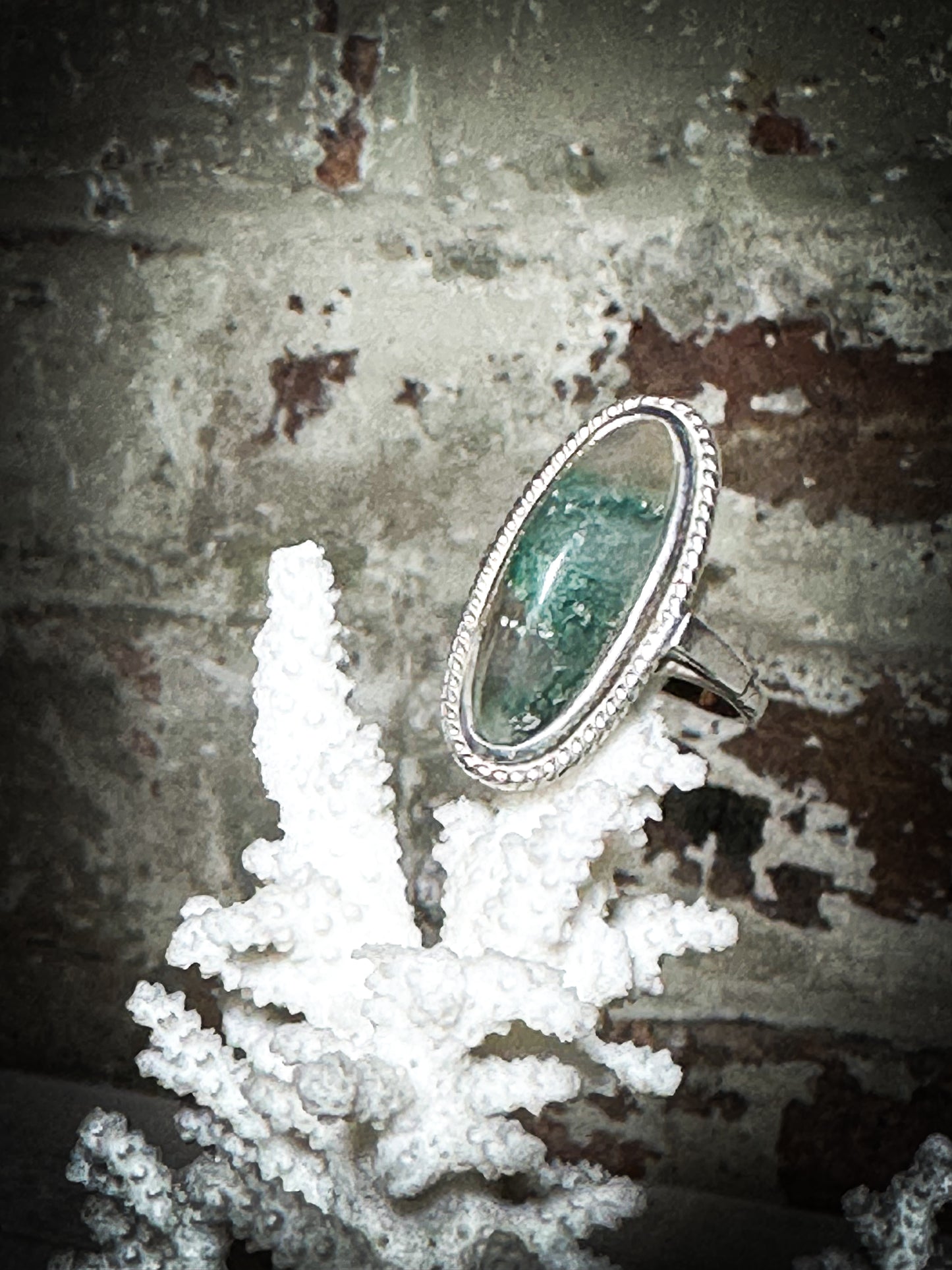 Vintage Hallmarked Silver Oval Moss Agate Ring