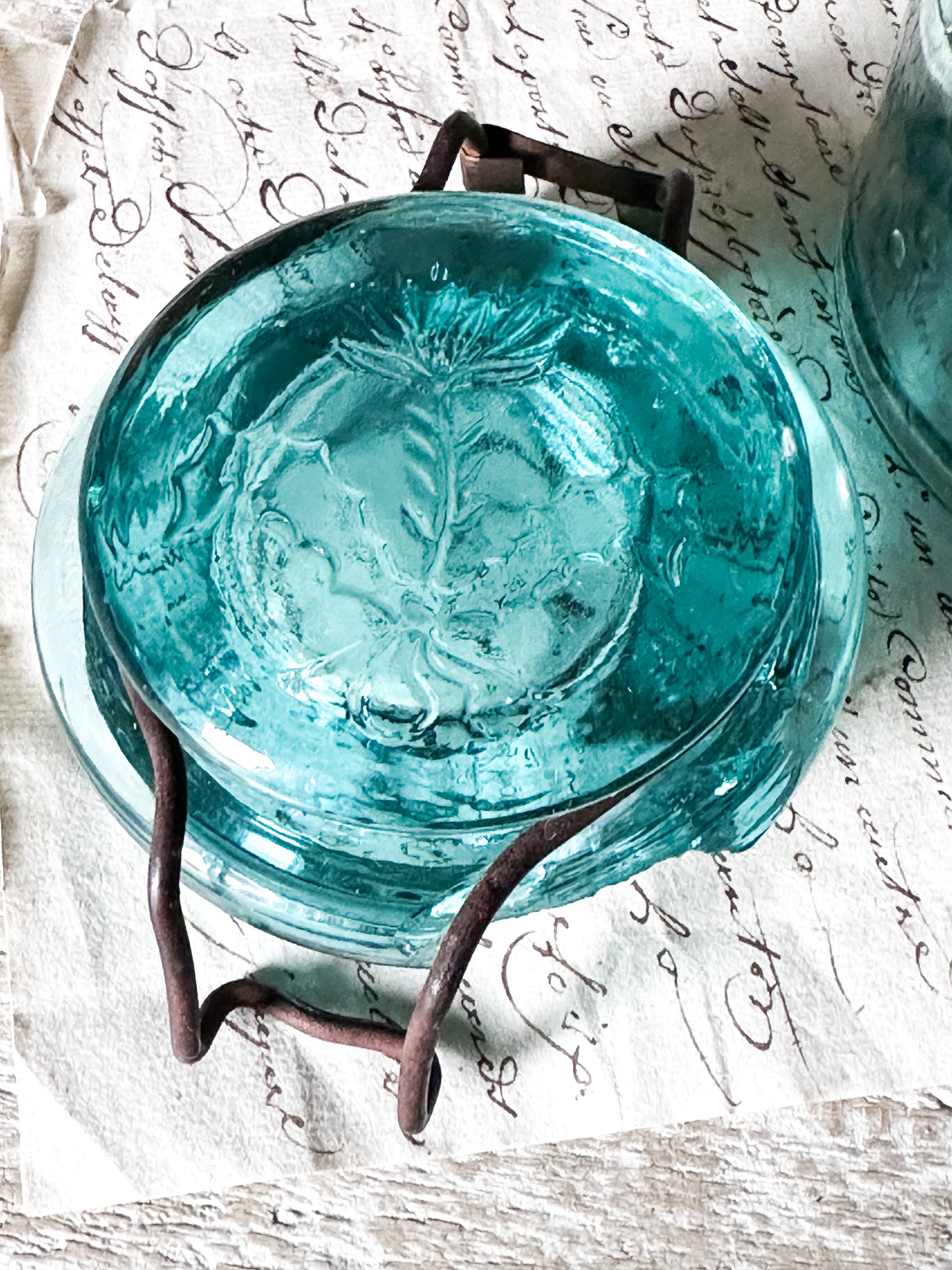 Vintage French Glass Jar – “La Lorraine” Aqua Storage Jar with Lid