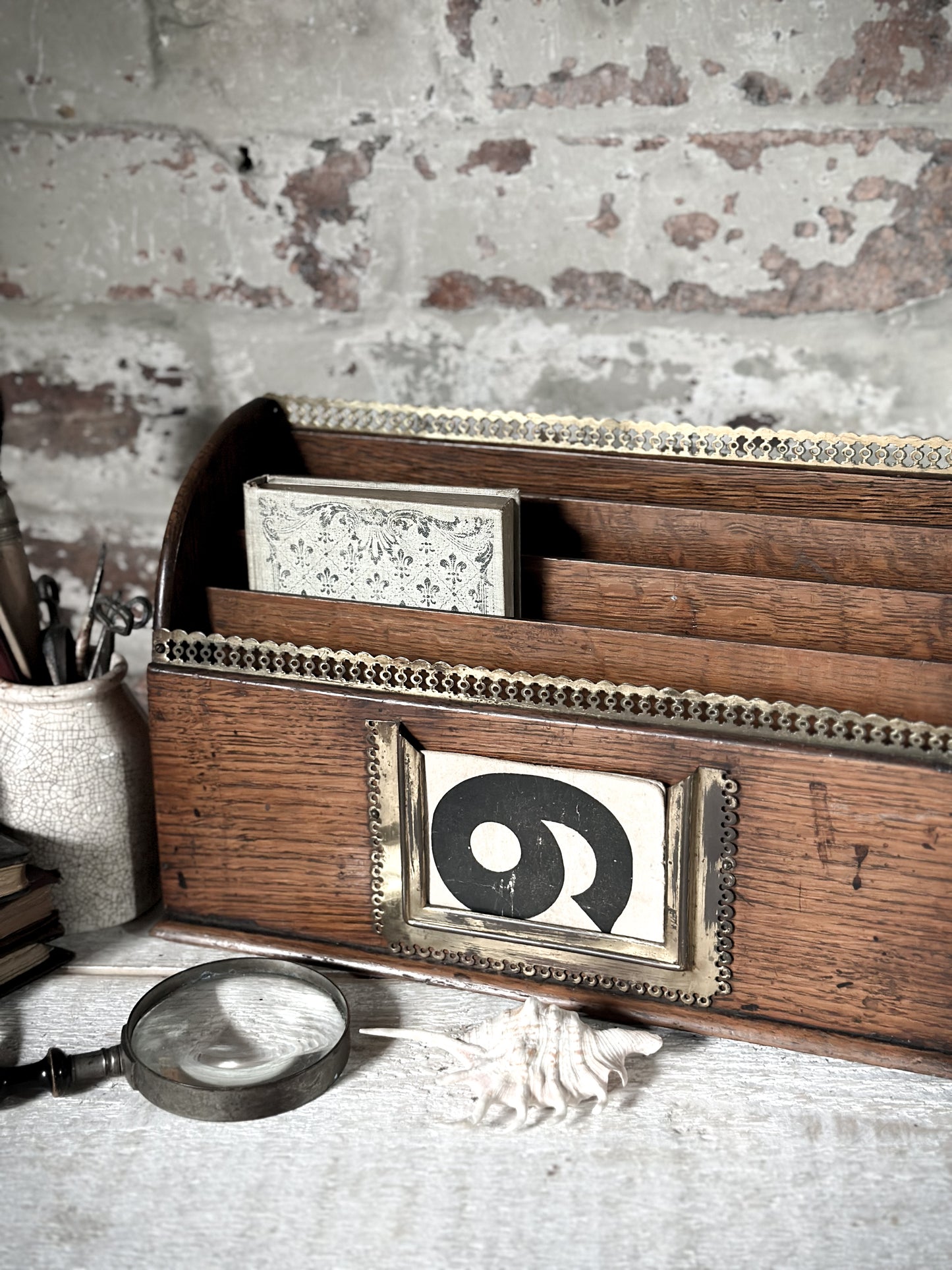 Victorian Oak Letter Rack with brass fretwork