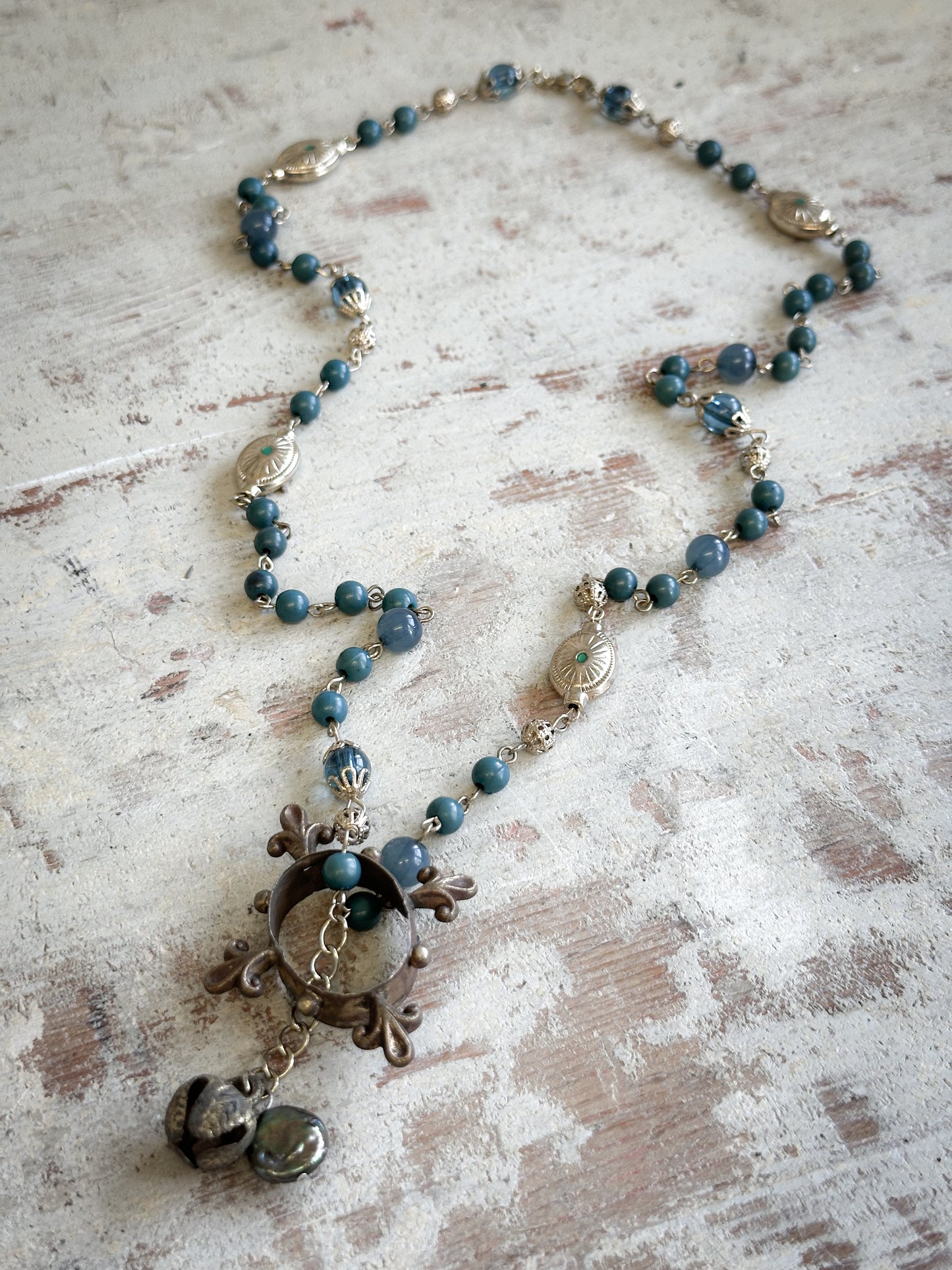 Found Object Vintage Beaded Necklace with Antique Brass Crown by Jealous Moon Jewellery