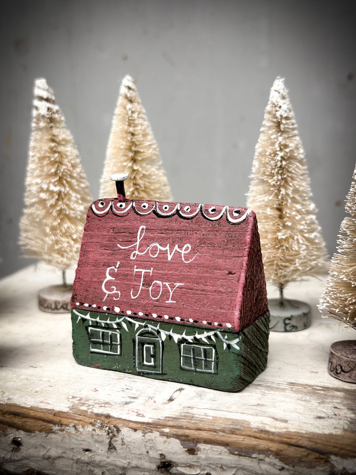 A Large Vintage German Erzgebirge Putz Wooden Village House “Love & Joy”