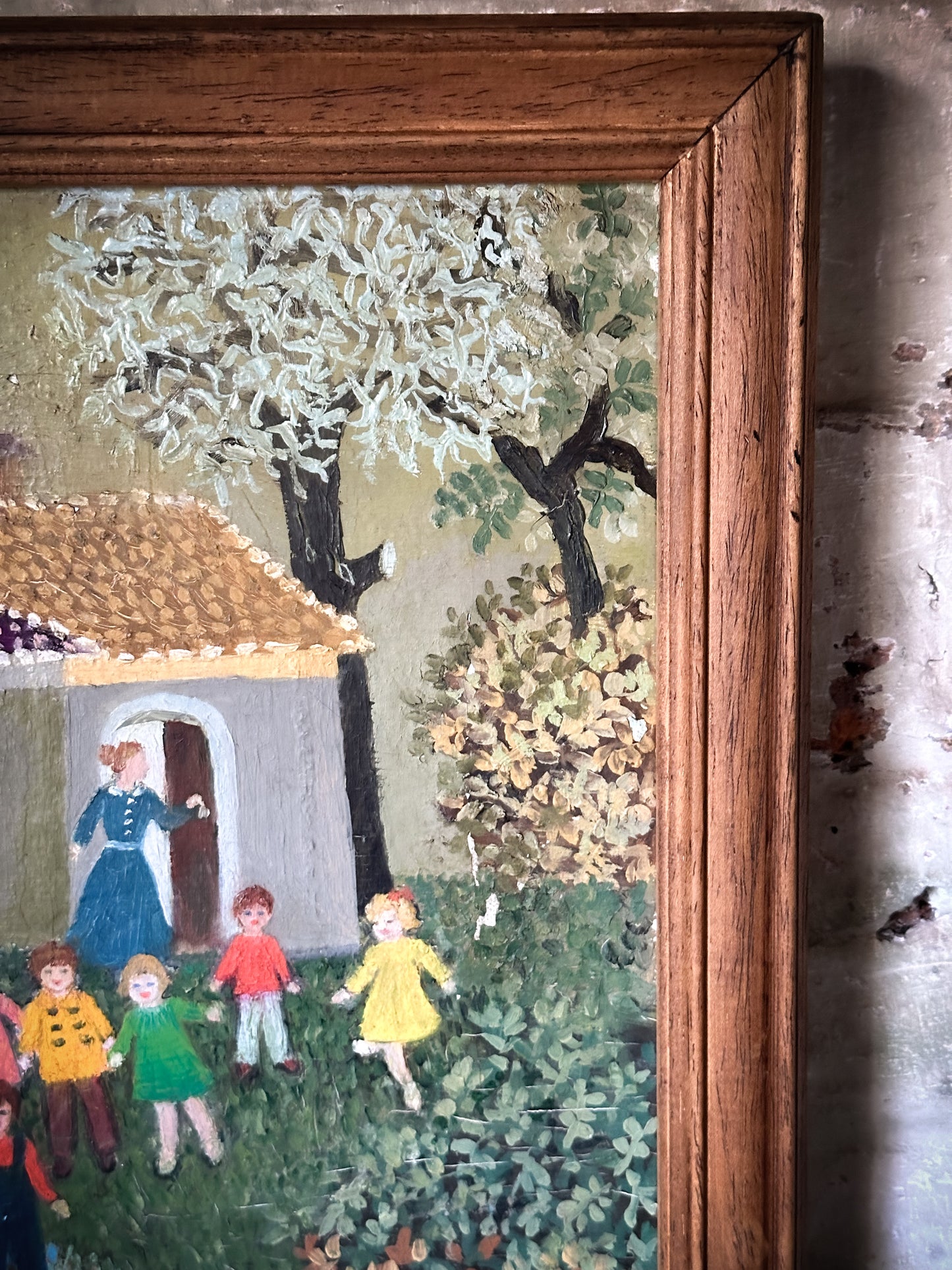 A Wonderful Vintage Naive Oil on Canvas Painting of a Nursery Rhyme “Mary Had a Little Lamb”