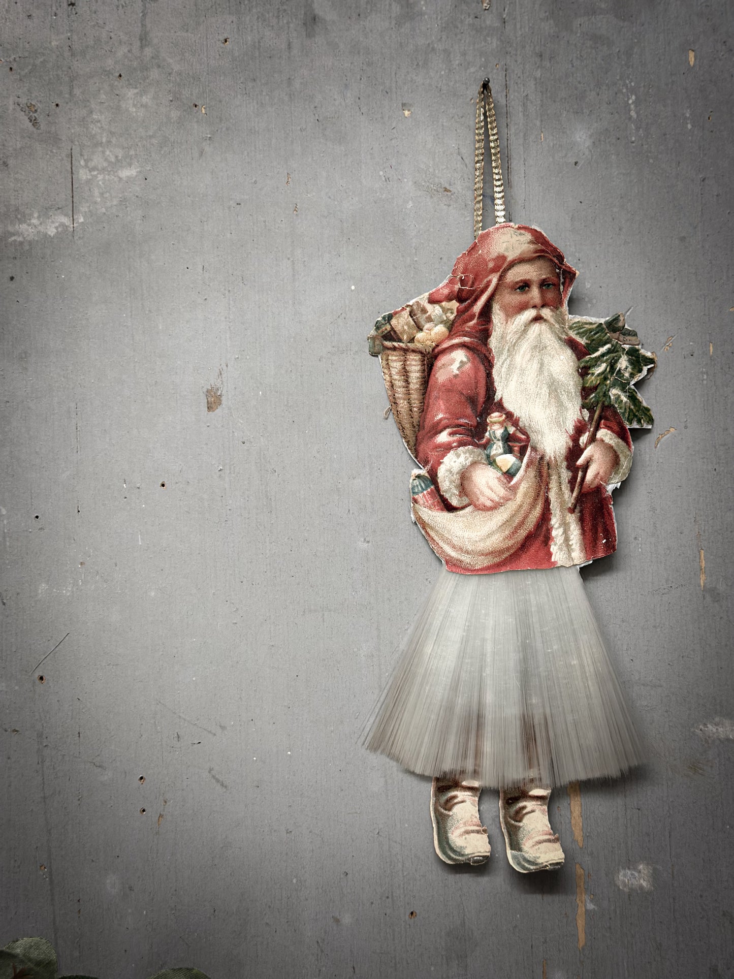 Antique German Father Christmas Ornament with Spun-Glass Skirt (c. 1900–1930)