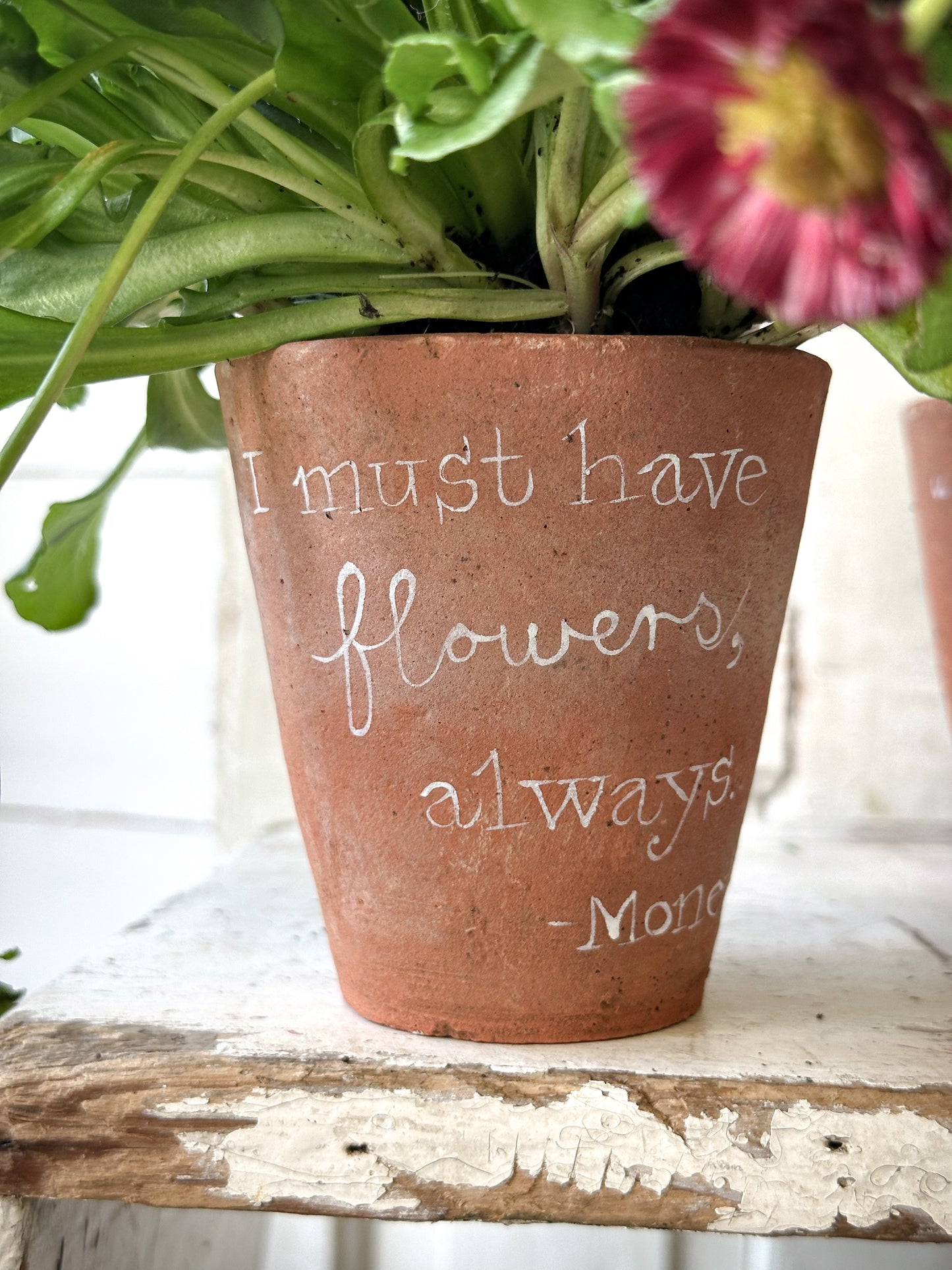 A Victorian terracotta pot with a quote “I must have flowers”