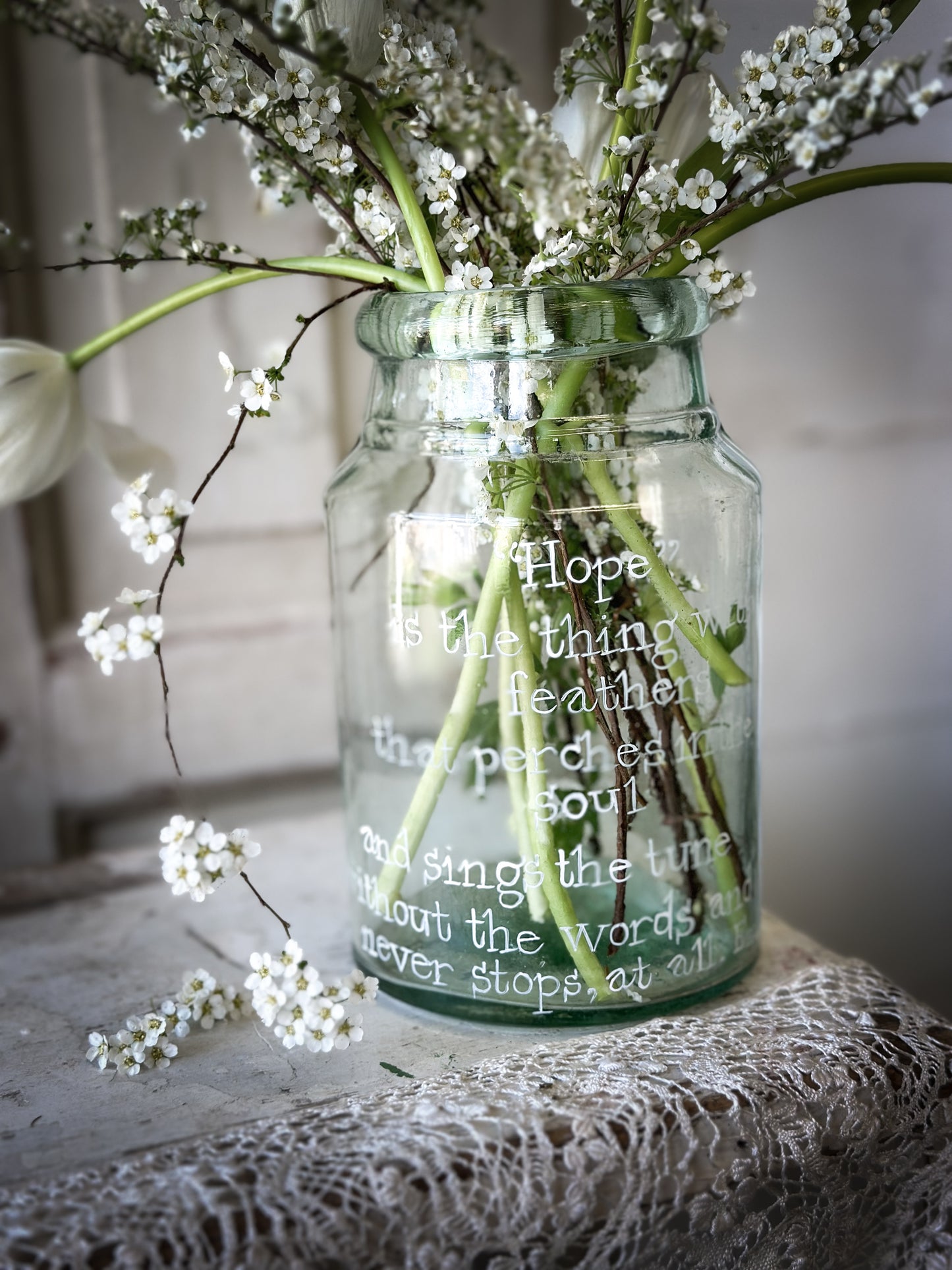 A beautiful large Victorian preserve jar painted with a quote “Hope”