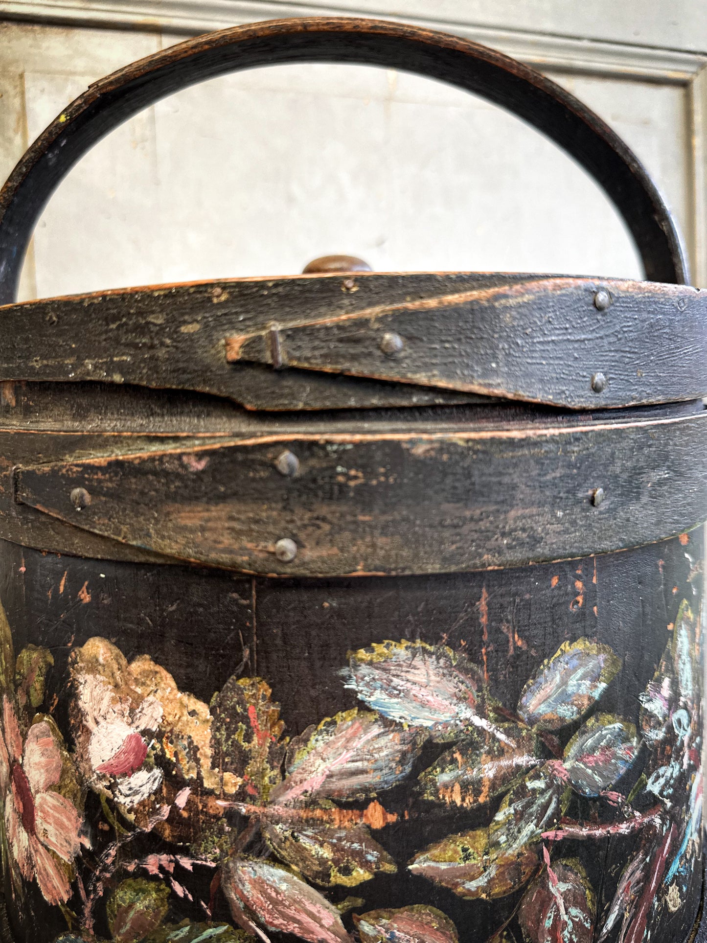 Antique Hand Painted Wooden Firkin Bucket (Scandi Folk Style)