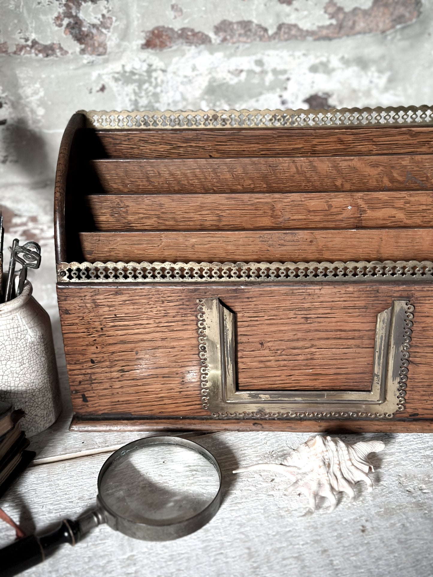 Victorian Oak Letter Rack with brass fretwork