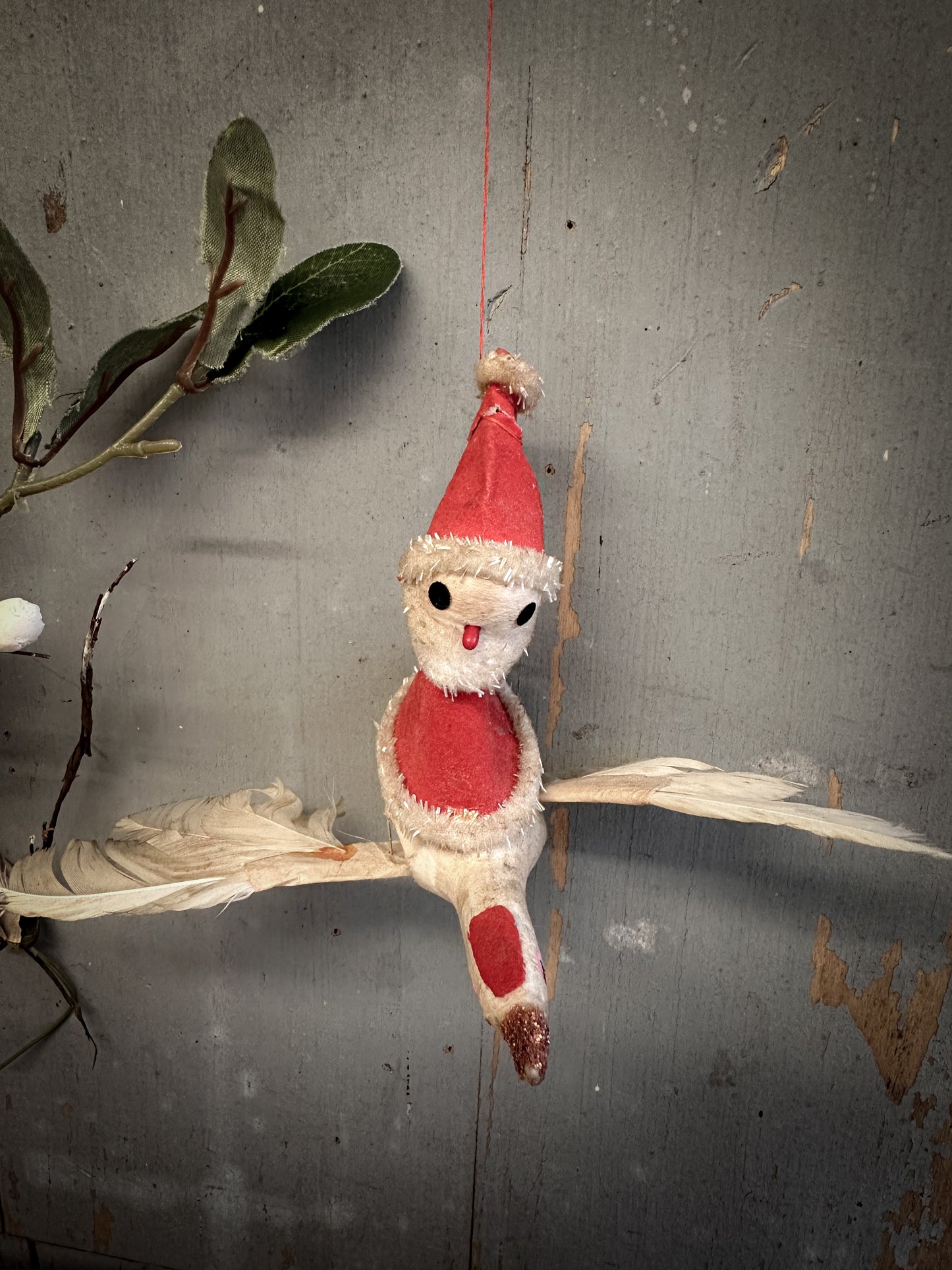 Mid-Century Japanese Flying Father Christmas Ornament – Spun Cotton & Feather Wings – c.1950s–60s