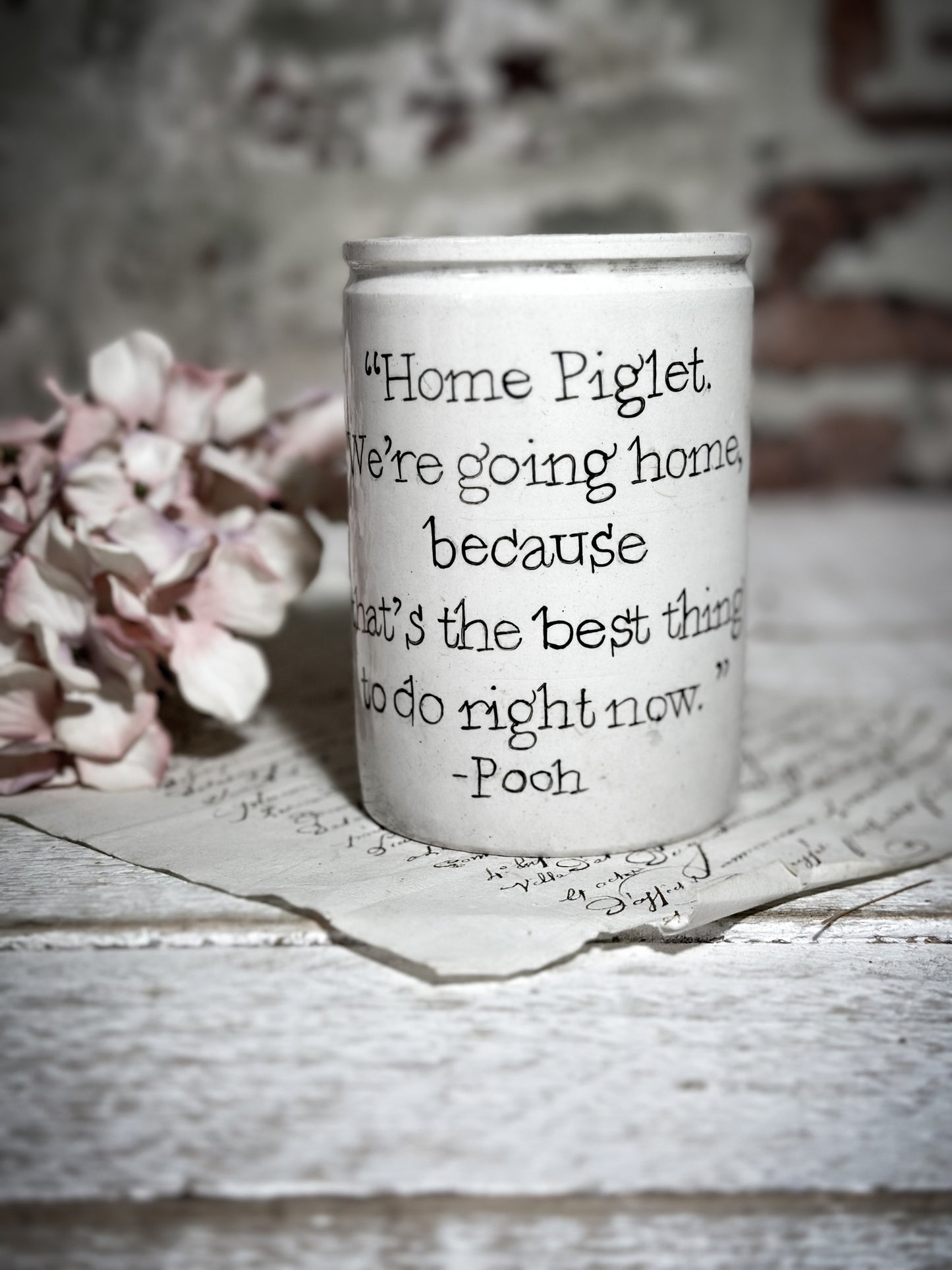 An Antique Jar with a Hand Painted Inspirational Quote