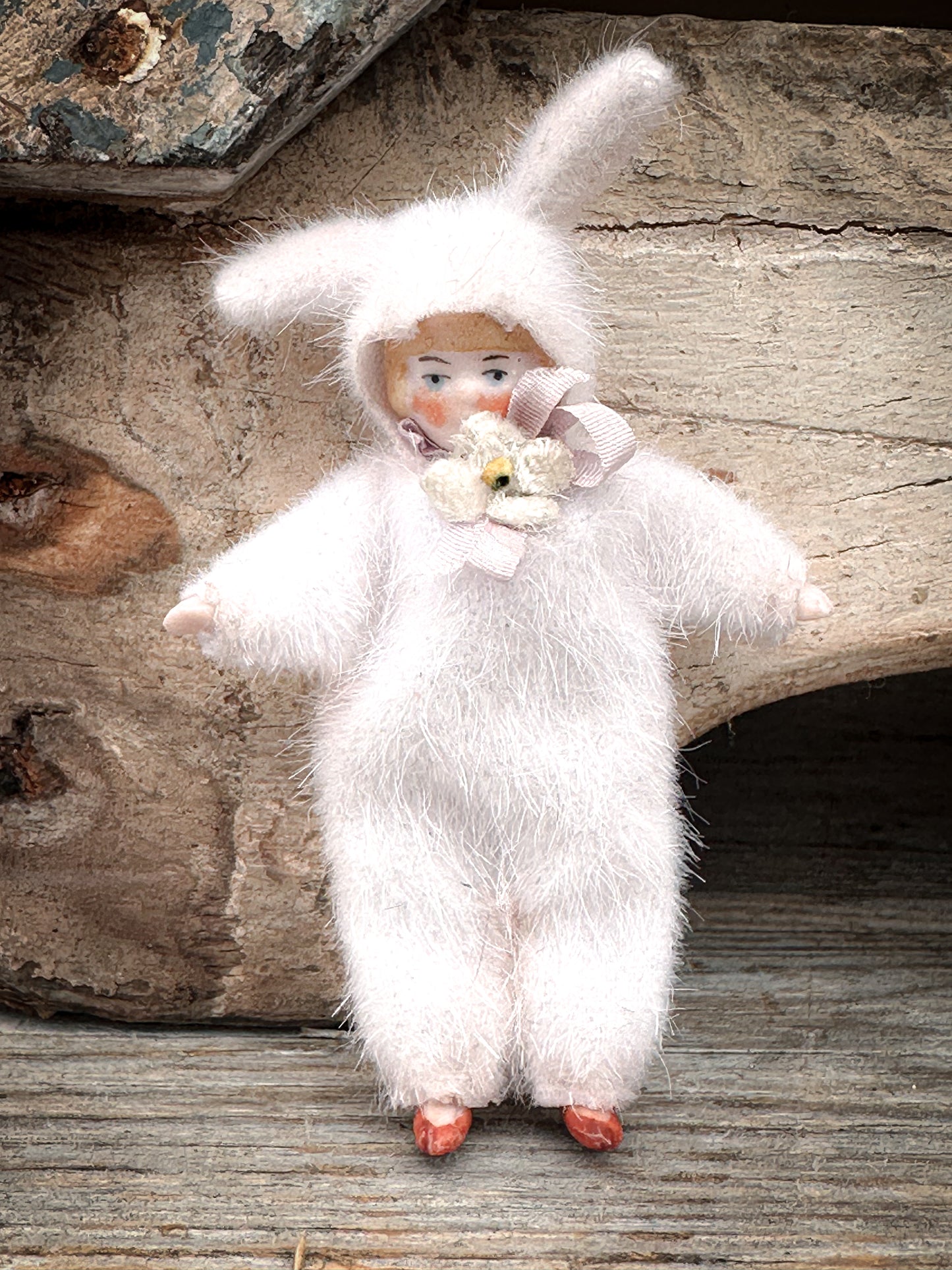 One of a Kind Handmade Artist Bunny Doll by Goody Two Shoes, Made from Victorian Bisque Doll, Miniature Collectible