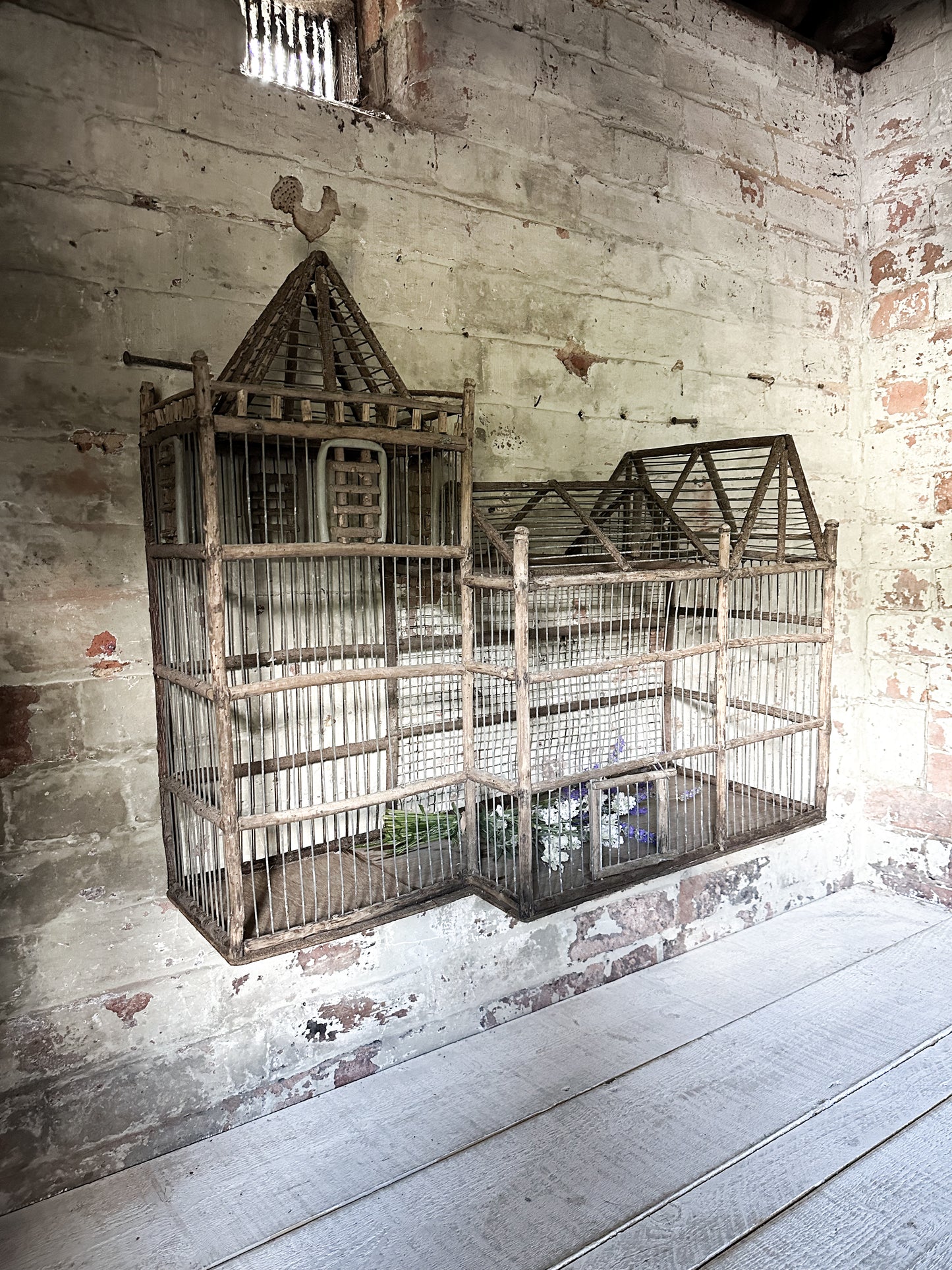 A French Primitive scratch built Bird Palace, Bird cage in the style of a Chateau