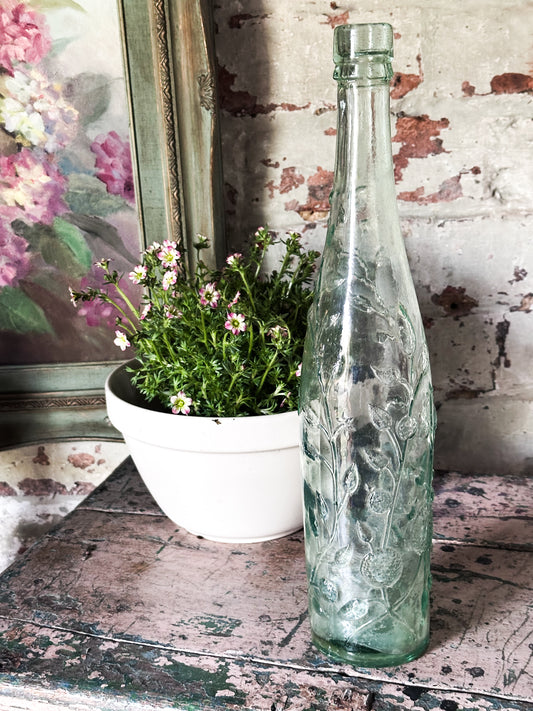 Victorian Rose’s Lime Cordial Bottle – Tall Embossed Floral Aqua Glass