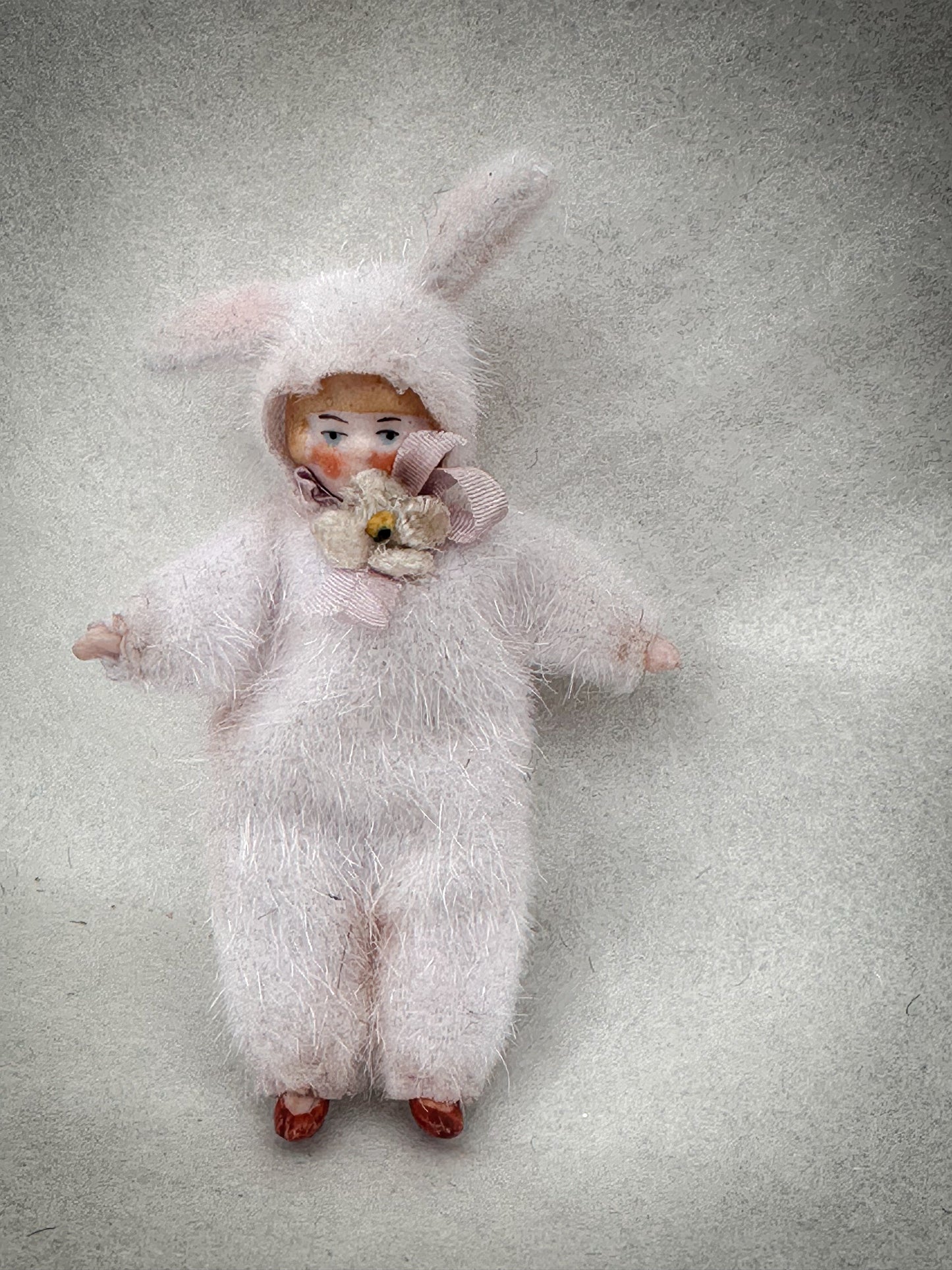 One of a Kind Handmade Artist Bunny Doll by Goody Two Shoes, Made from Victorian Bisque Doll, Miniature Collectible