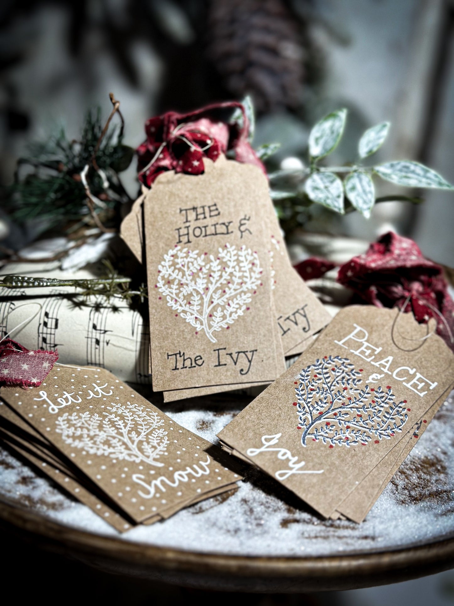 Pretty hand finished and illustrated gift tags with vintage French Fabric ties “Let it Snow”