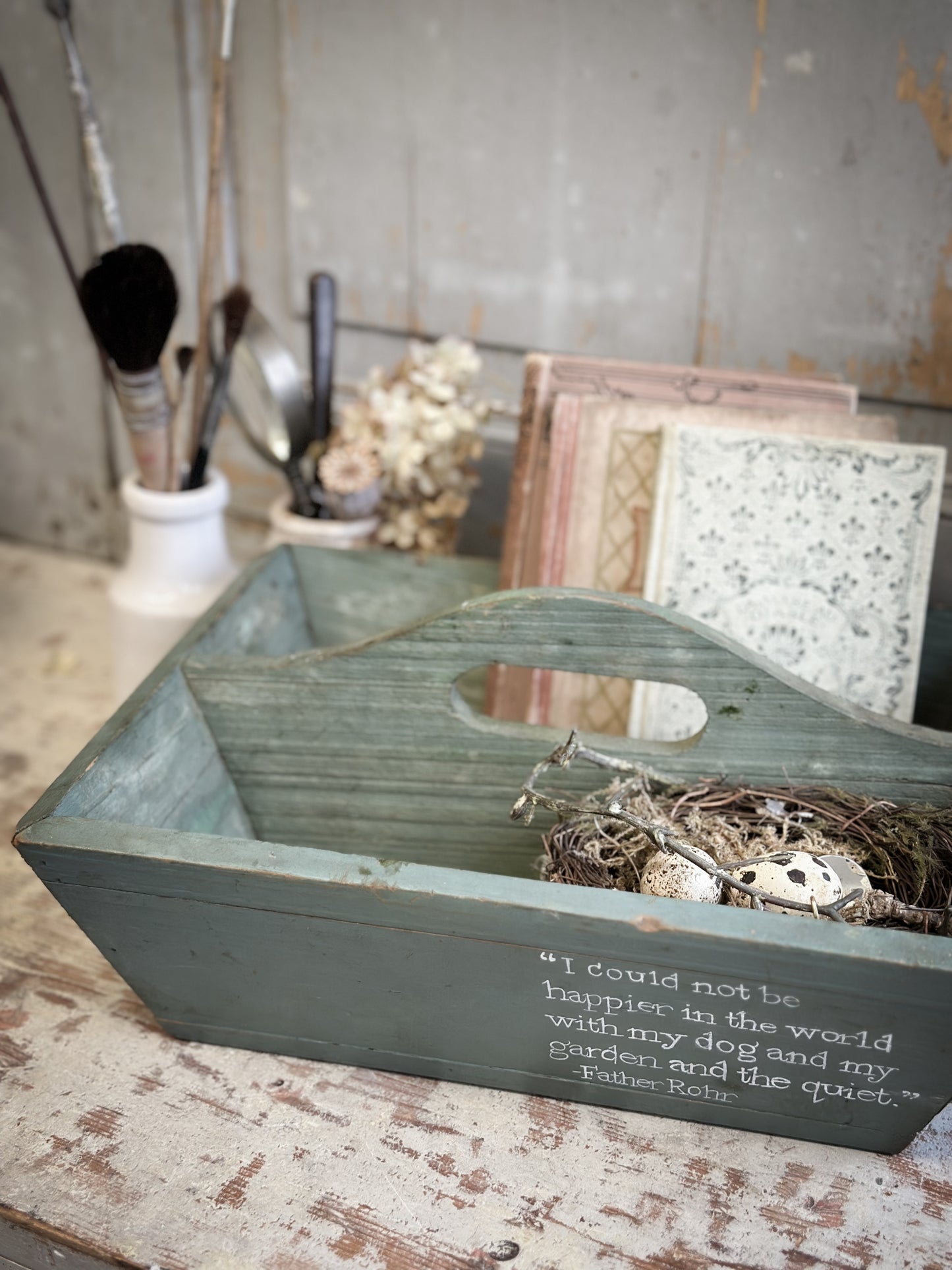 A Vintage Chippy Paint Wooden Trug With Garden Quote
