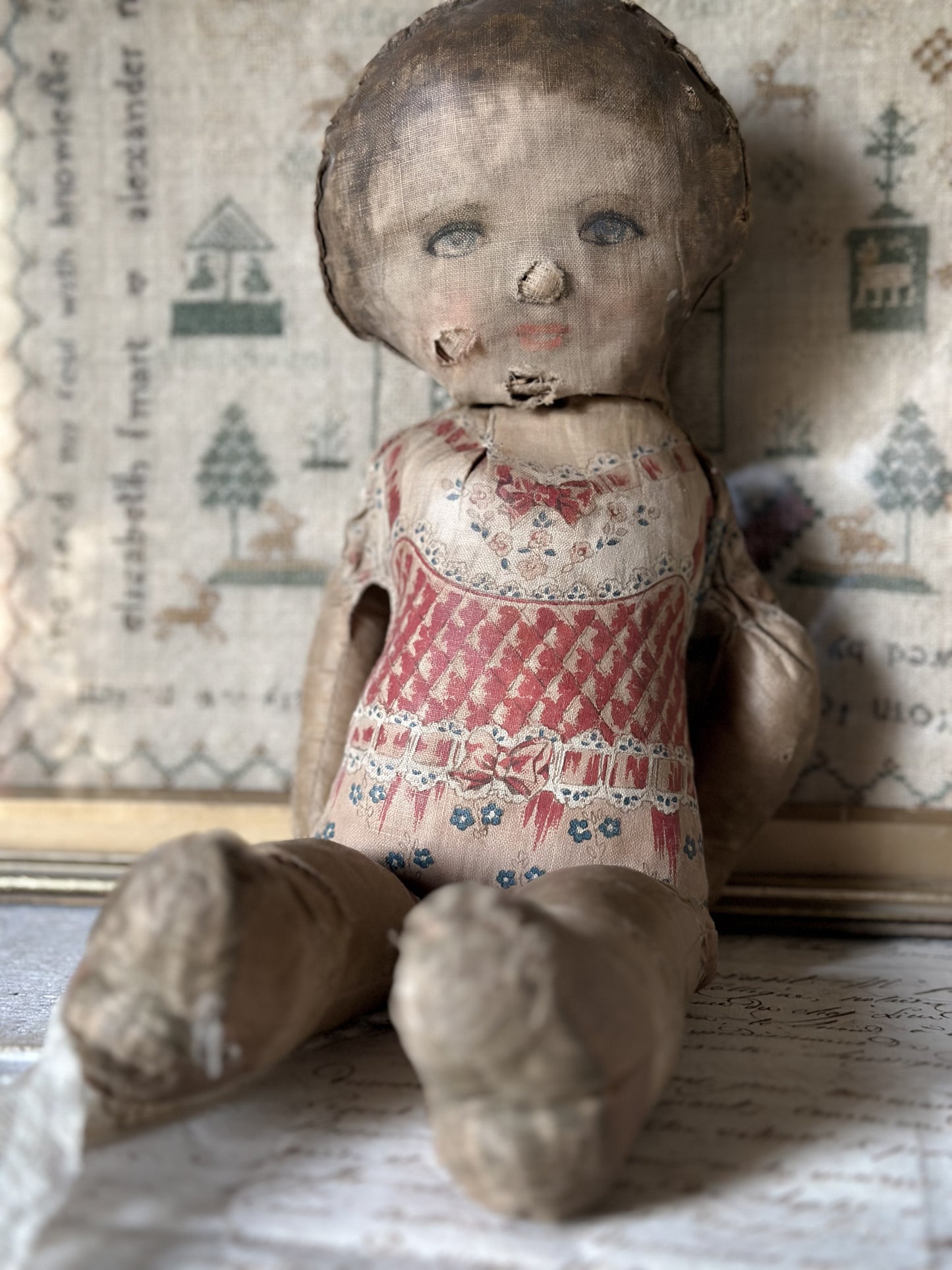 Gorgeous early Dean’s Rag book printed doll with pink flowers