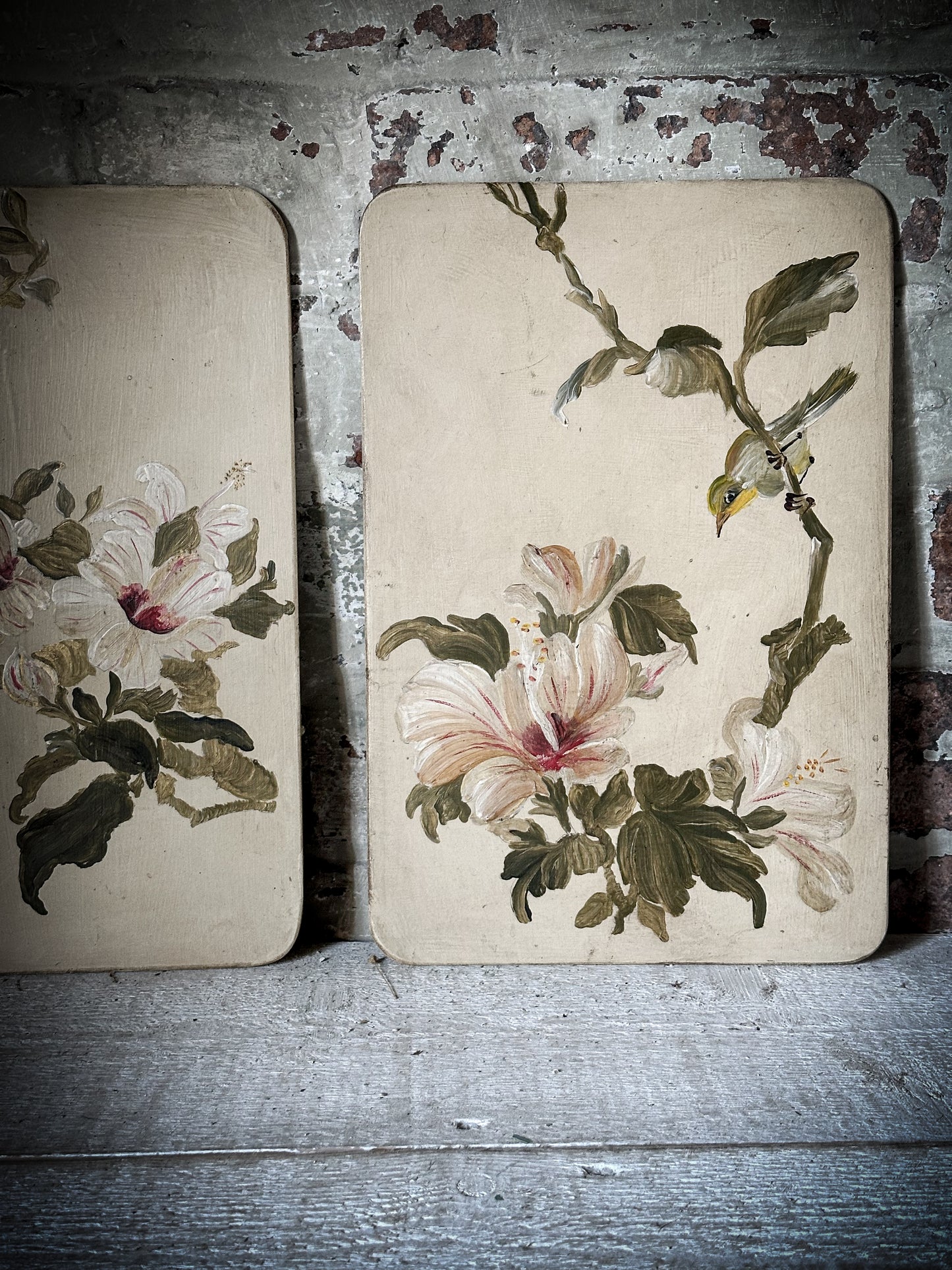 A Beautiful pair of Painted Panels with Hibiscus Flowers and Birds