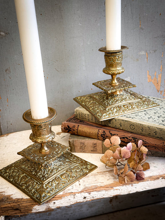 Pair Victorian Aesthetic Movement Brass Candlesticks – Ornate Embossed Square Base c.1900