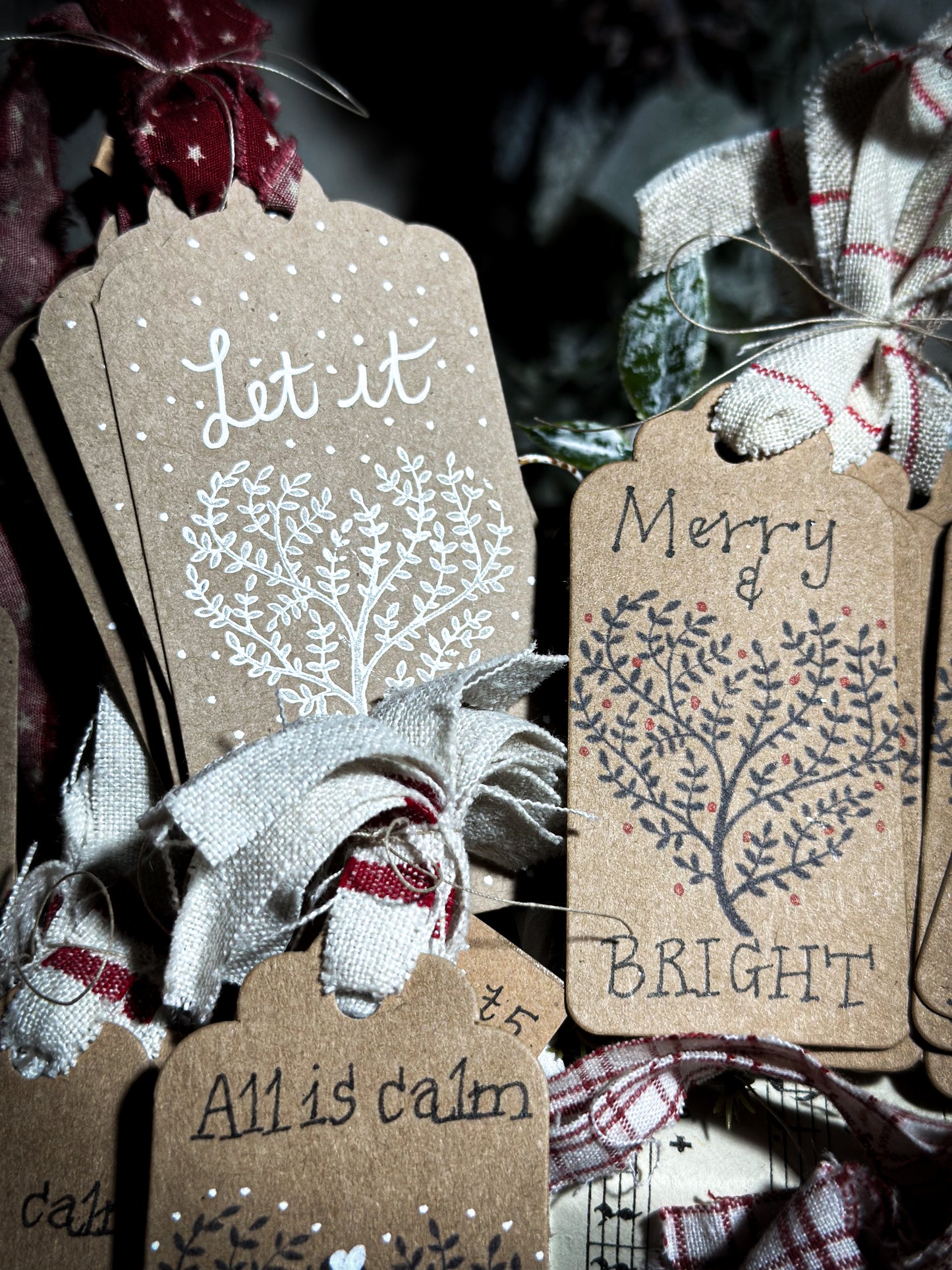 Pretty hand finished and illustrated gift tags with vintage French Fabric ties “Let it Snow”