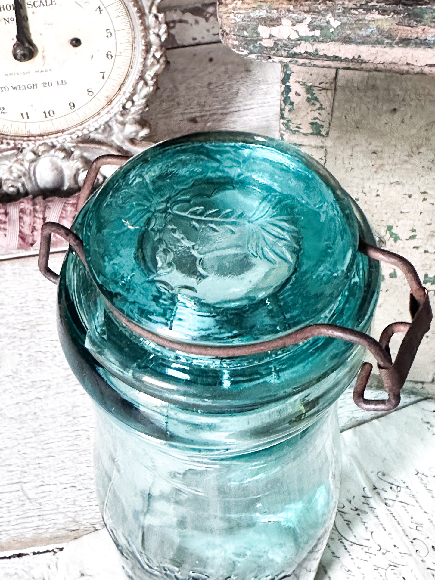 Vintage French Glass Jar – “La Lorraine” Aqua Storage Jar with Lid