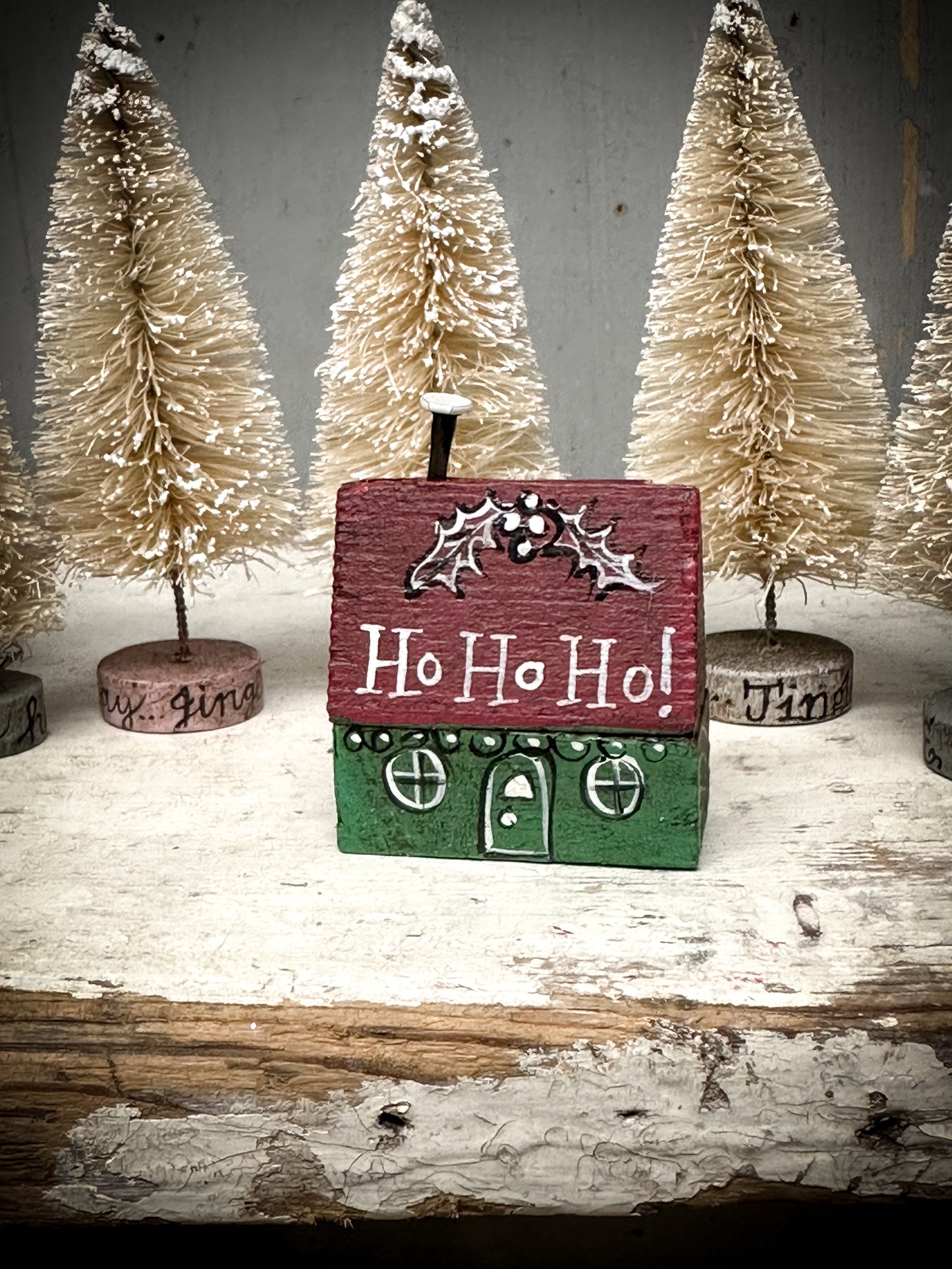 A small Vintage German Erzgebirge Putz Wooden Village House “Ho Ho Ho”