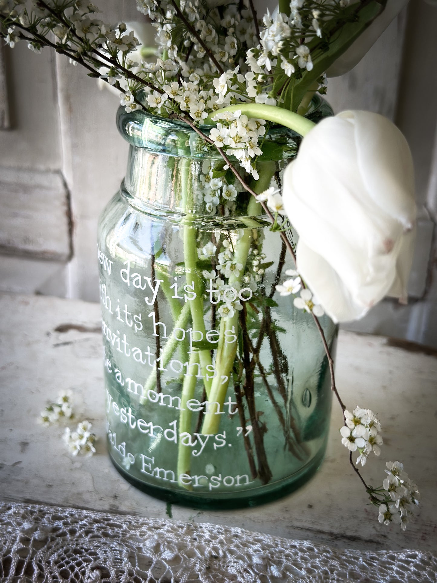 A beautiful large Victorian preserve jar painted with a quote “This new day”