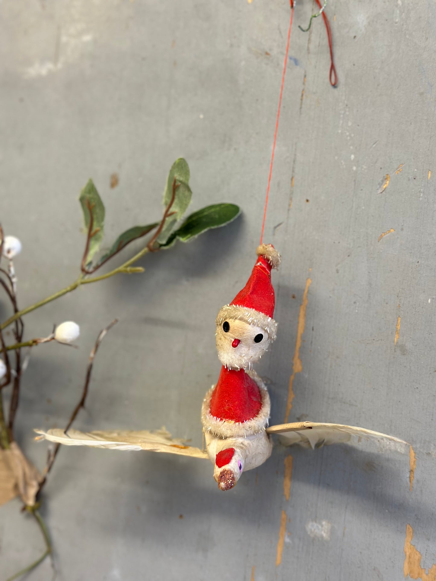 Mid-Century Japanese Flying Father Christmas Ornament – Spun Cotton & Feather Wings – c.1950s–60s