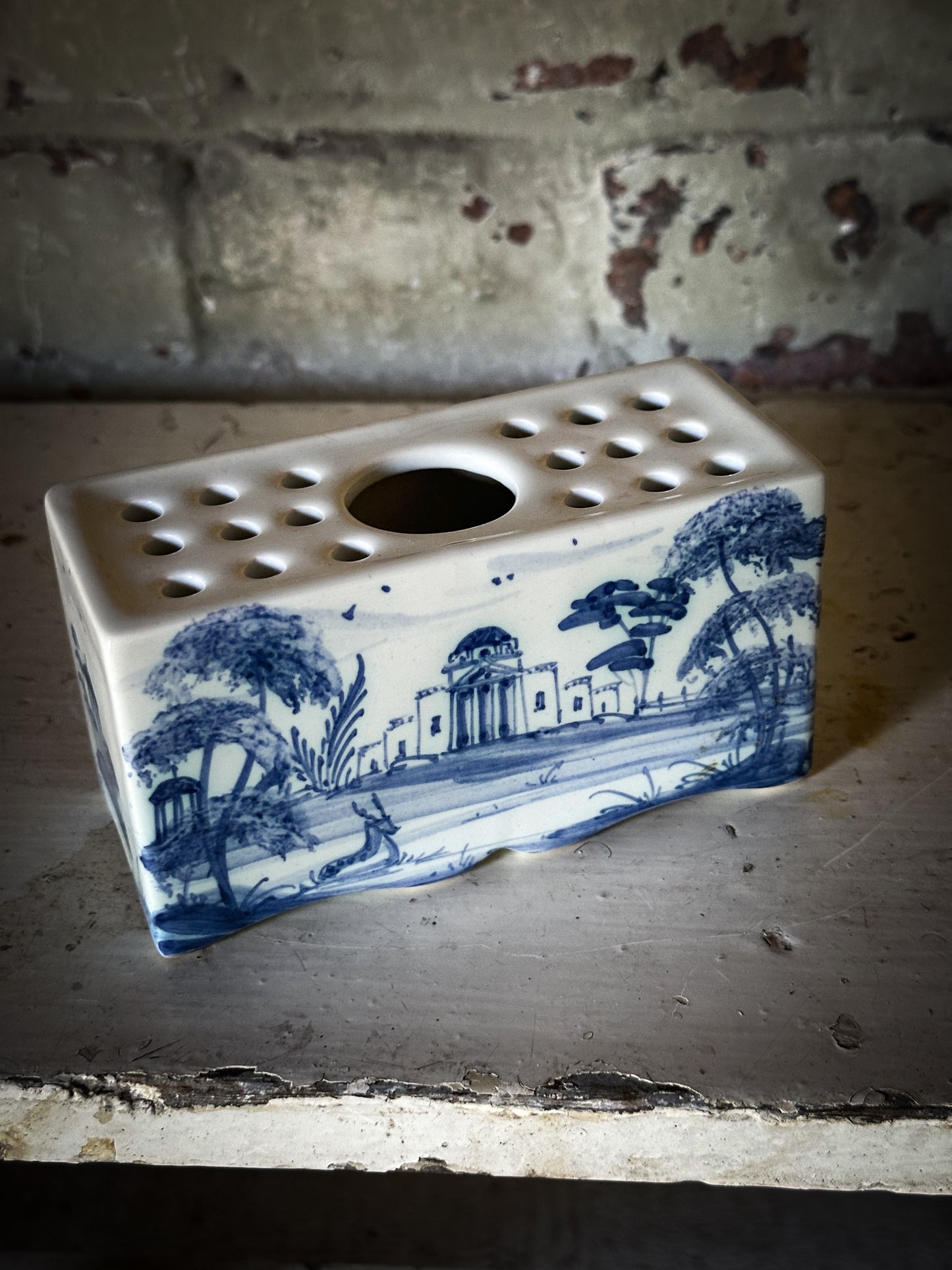 A beautiful Isis by Deborah seers Oxford, blue and white flower brick, tulipiere, flower frog, blue and white tin glaze vase
