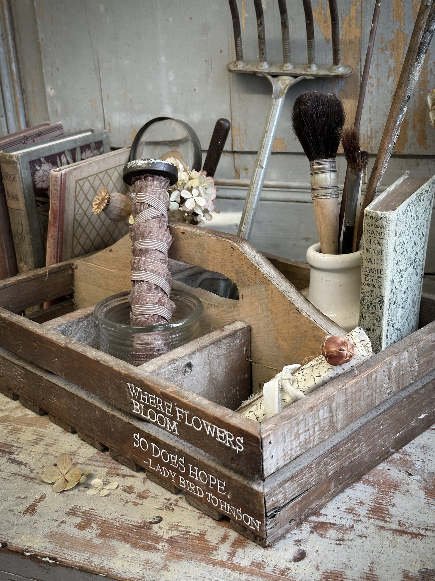 A Vintage Wooden Garden Trug With Hand Painted Quote
