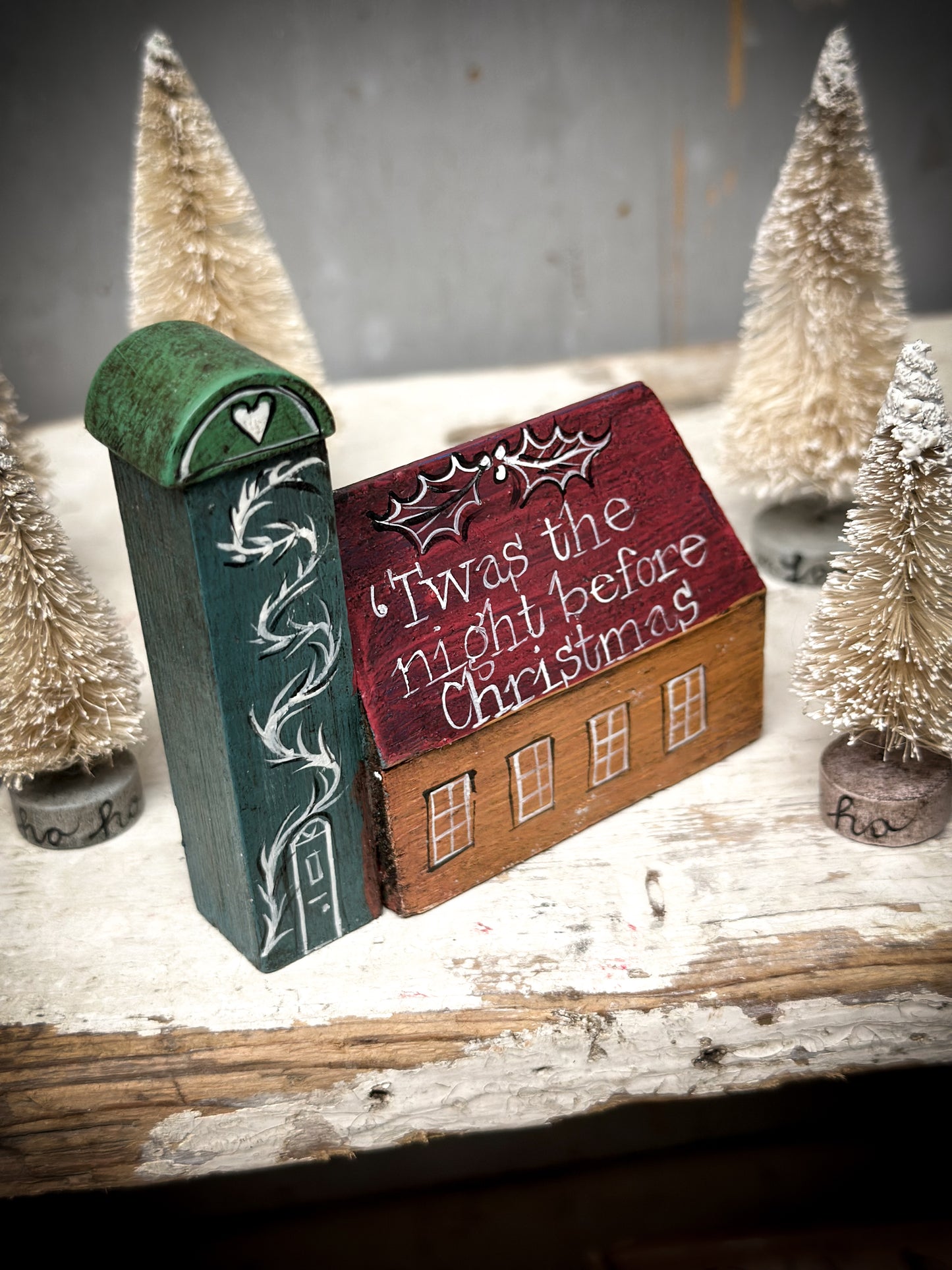 A Large Vintage German Erzgebirge Putz Wooden Village House “The Night Before Christmas”