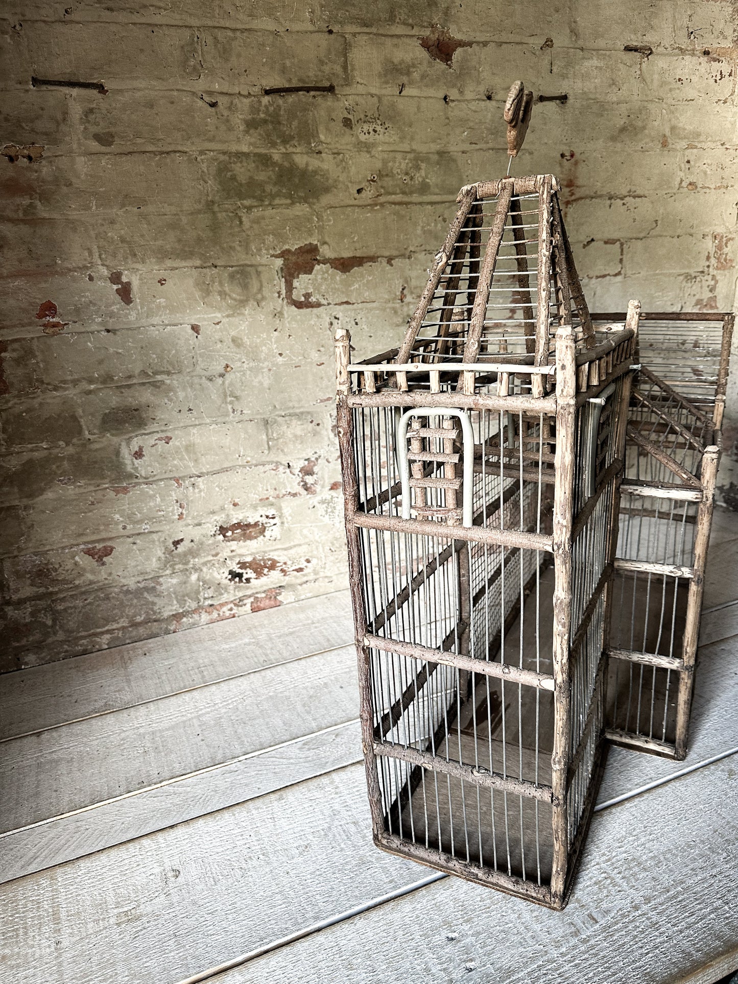 A French Primitive scratch built Bird Palace, Bird cage in the style of a Chateau