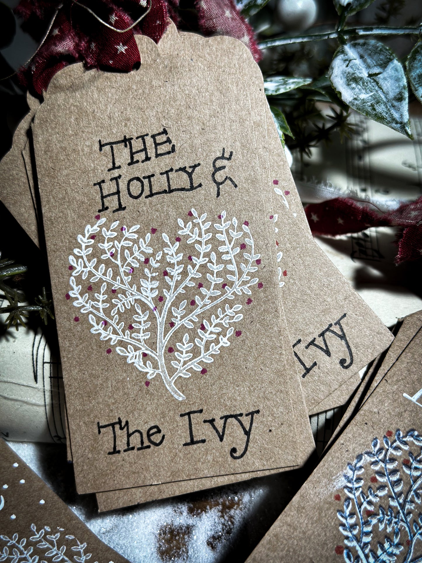 Pretty hand finished and illustrated gift tags with vintage French Fabric ties “Let it Snow”