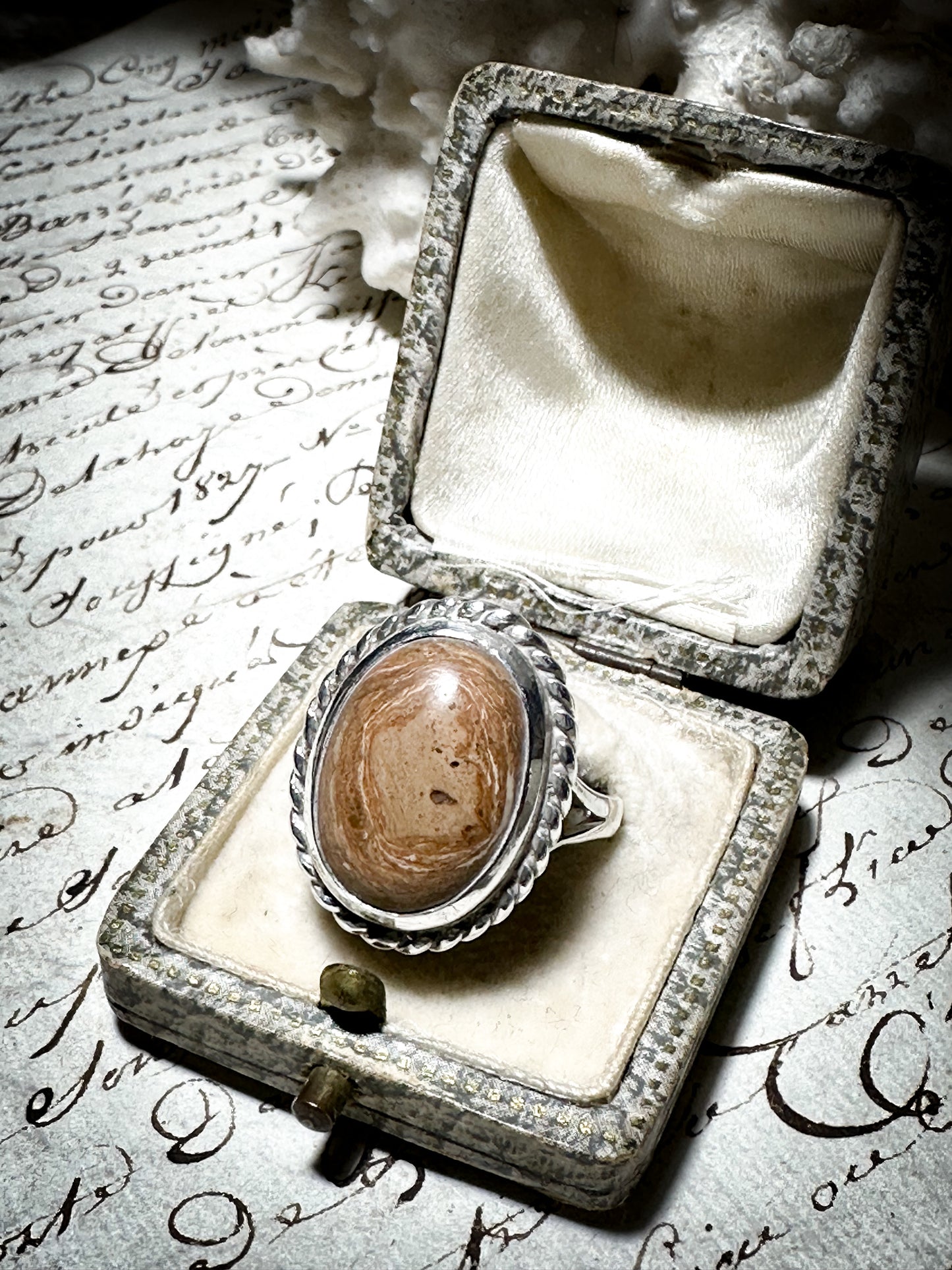 Vintage Hallmarked Silver Oval Moss Agate Ring