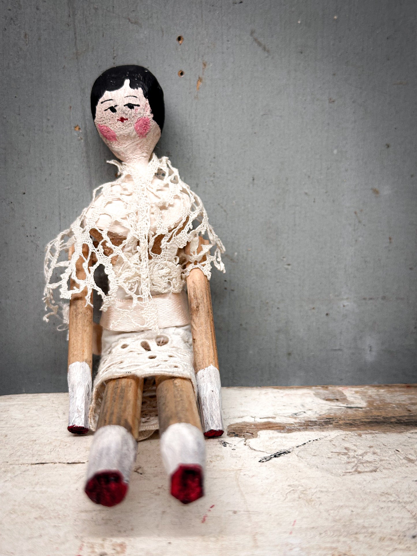 Antique Peg Doll / Grodnertal Doll with Wicker Crib