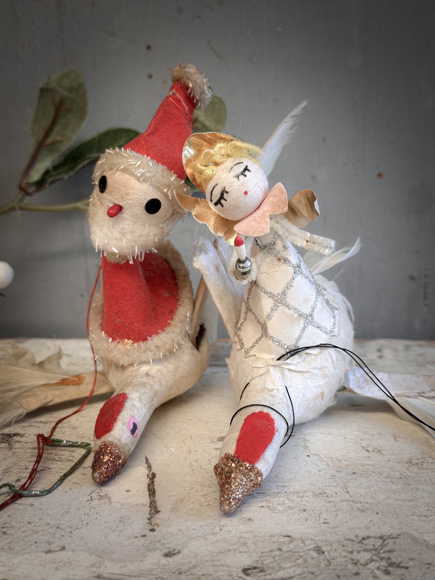 Mid-Century Japanese Spun-Cotton Angel Riding a Goose – Feather Wings & Mica Glitter – c.1950s–60s