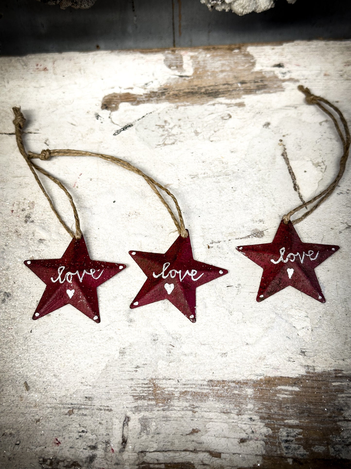 A Mini Red Tin Barn Star Christmas Decoration “Love”