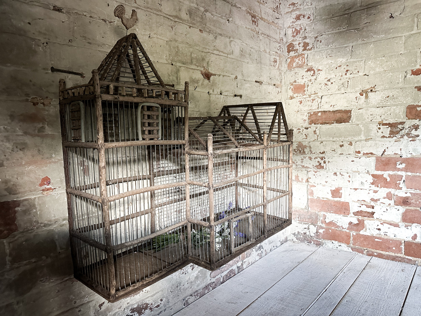 A French Primitive scratch built Bird Palace, Bird cage in the style of a Chateau